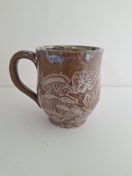 Hand Carved Botanical Stoneware Mug – Mushroom Fern - One of a Kind Sgraffito Mug