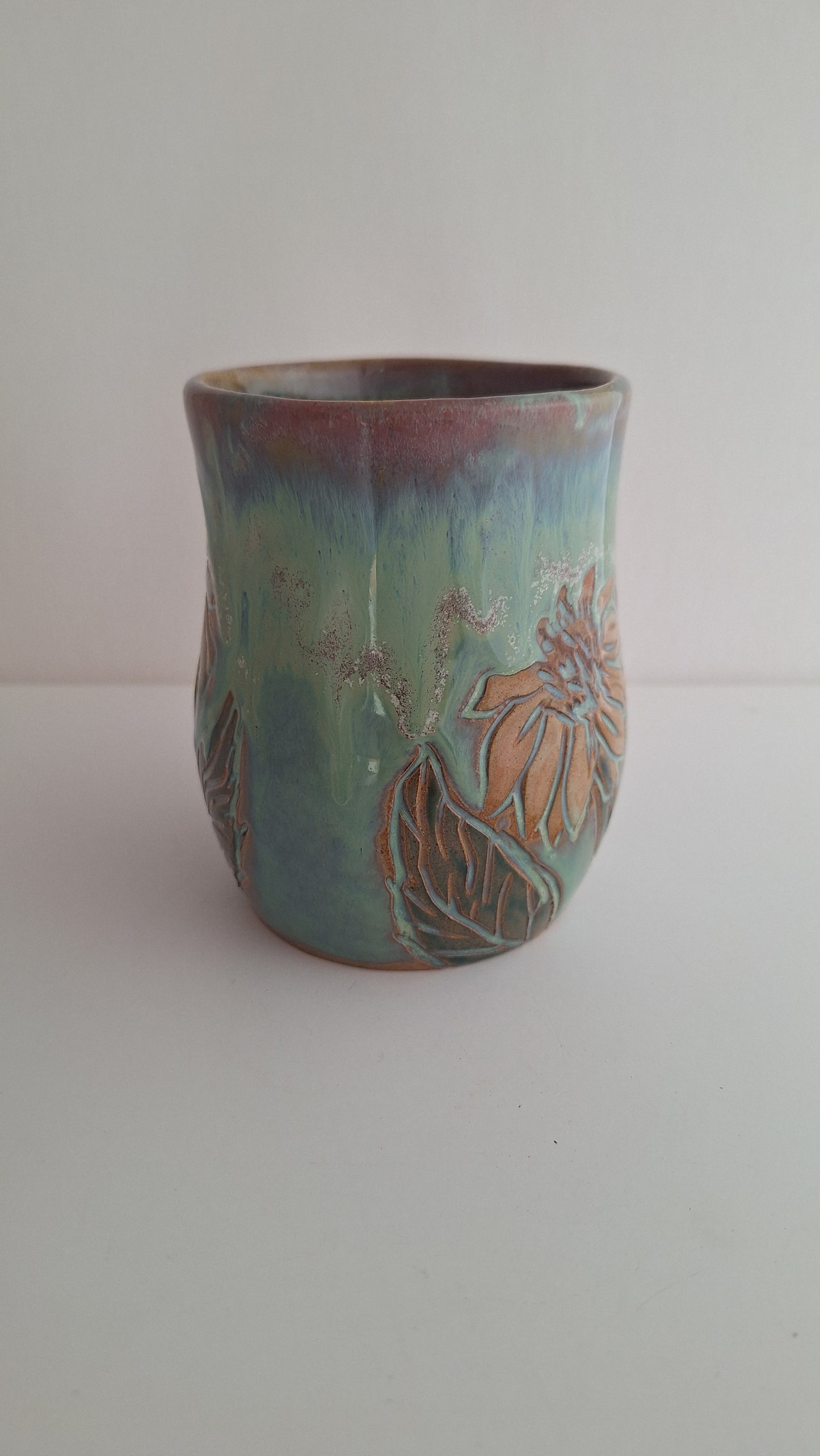 Hand Carved Botanical Stoneware Mug – Sunflowers - One of a Kind Sgraffito Mug