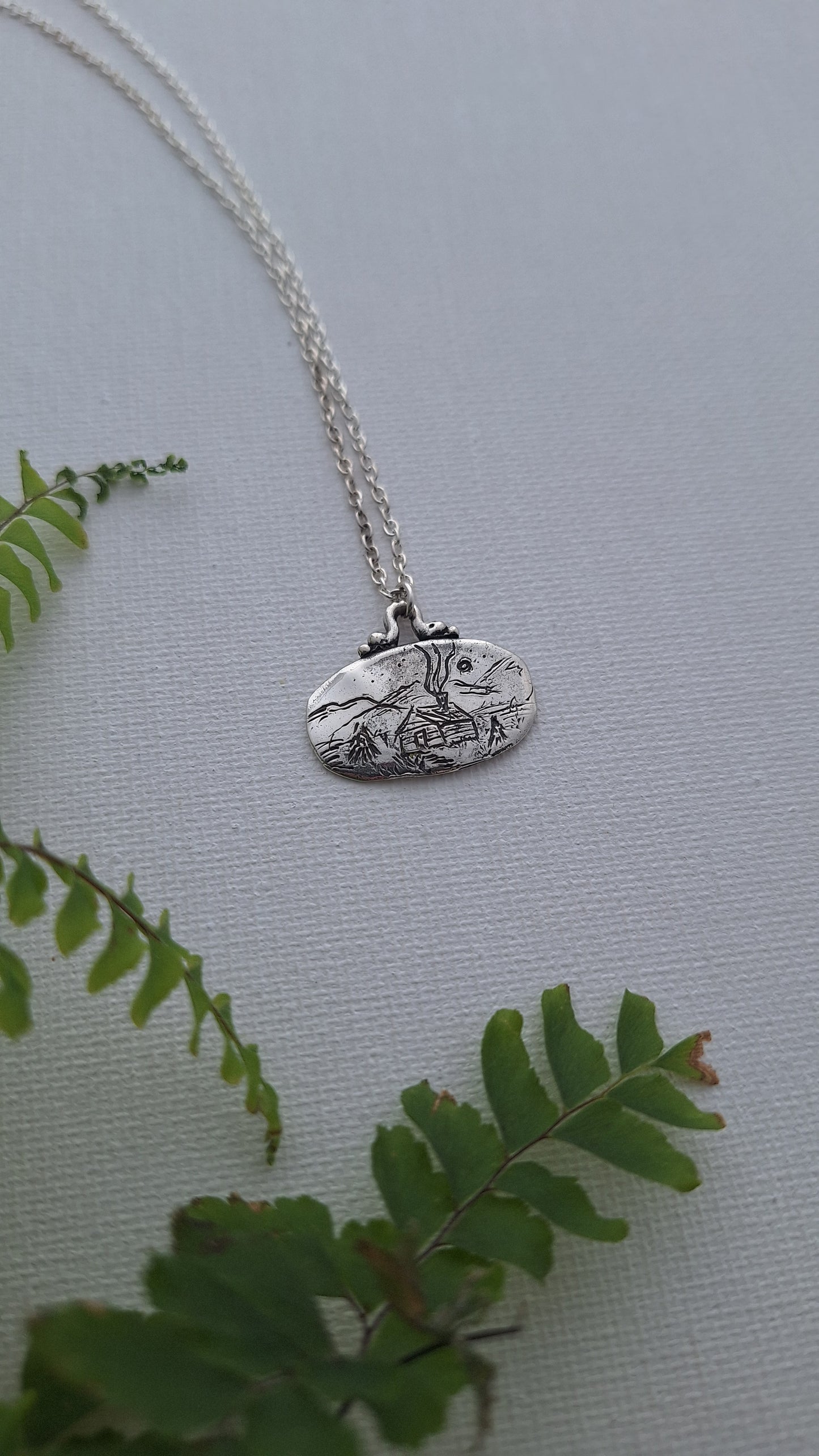 Hand Carved Sterling Silver Mountain Cabin Necklace – One of a Kind Landscape Pendant