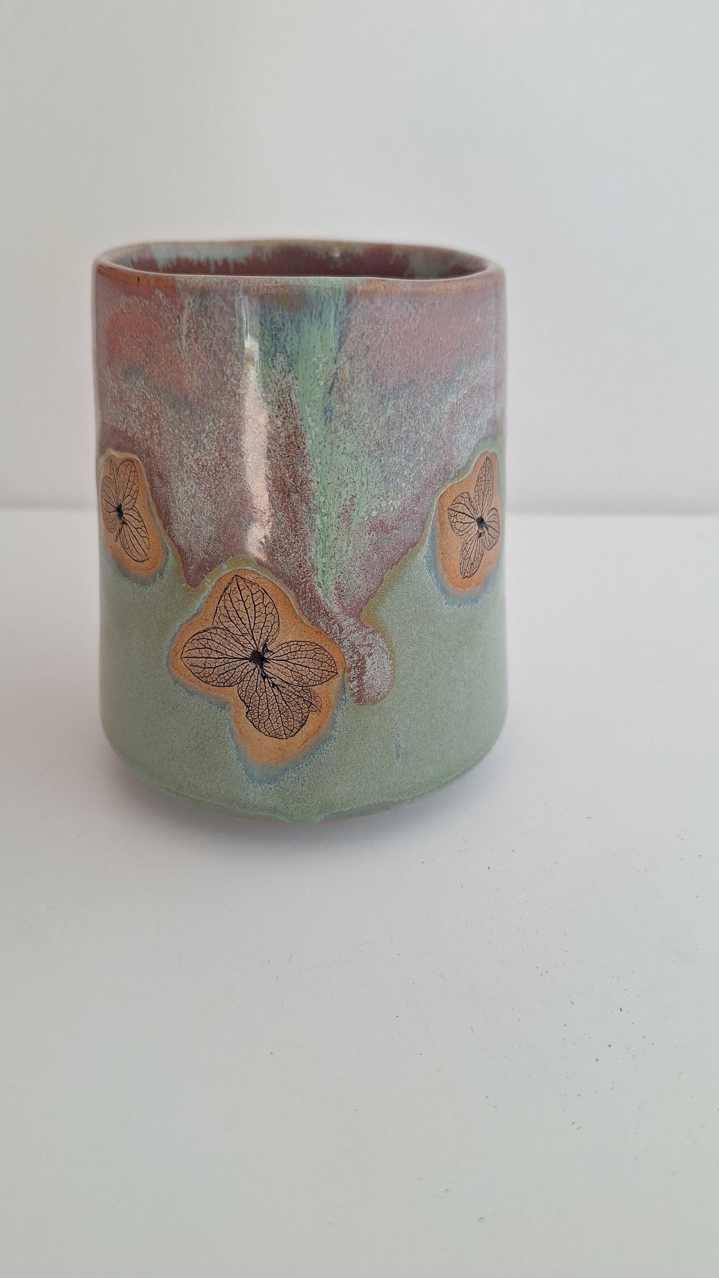 Hydrangea Tumbler - Hand Pressed Botanical Stoneware Mug – One of a Kind Handmade Mulled Wine cup