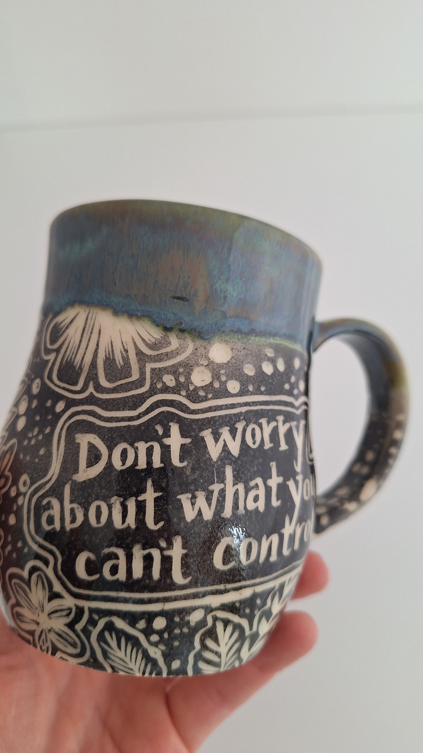 Hand Carved Botanical Stoneware Mug – Don't Worry - One of a Kind Sgraffito Mug