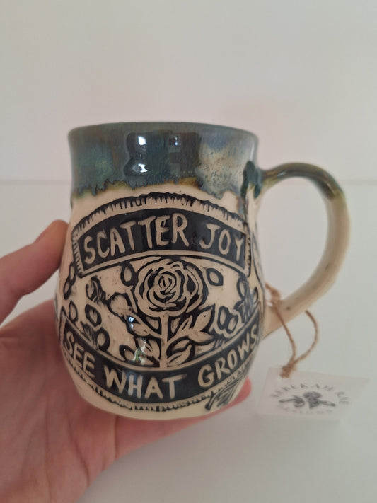 Scatter Joy Mug - Hand Carved Botanical Stoneware - Sgraffito