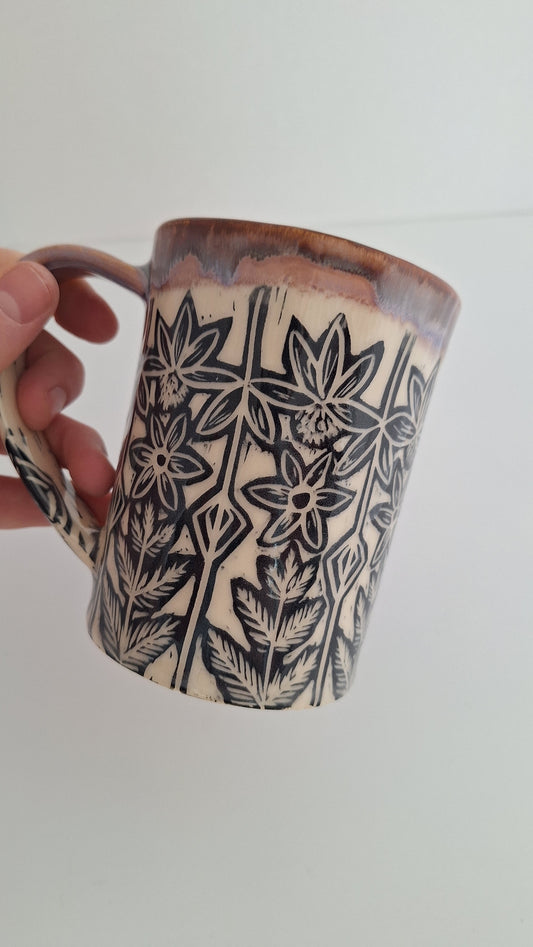 Hand Carved Botanical Stoneware Mug – Echinacea,  Ferns - One of a Kind Sgraffito Mug