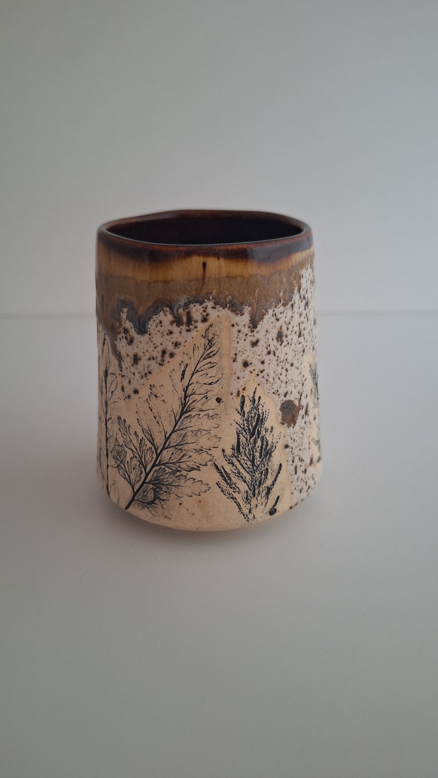 Botanical Imprint Stemless Wine Cup — One of a Kind Stoneware Tumbler - #2