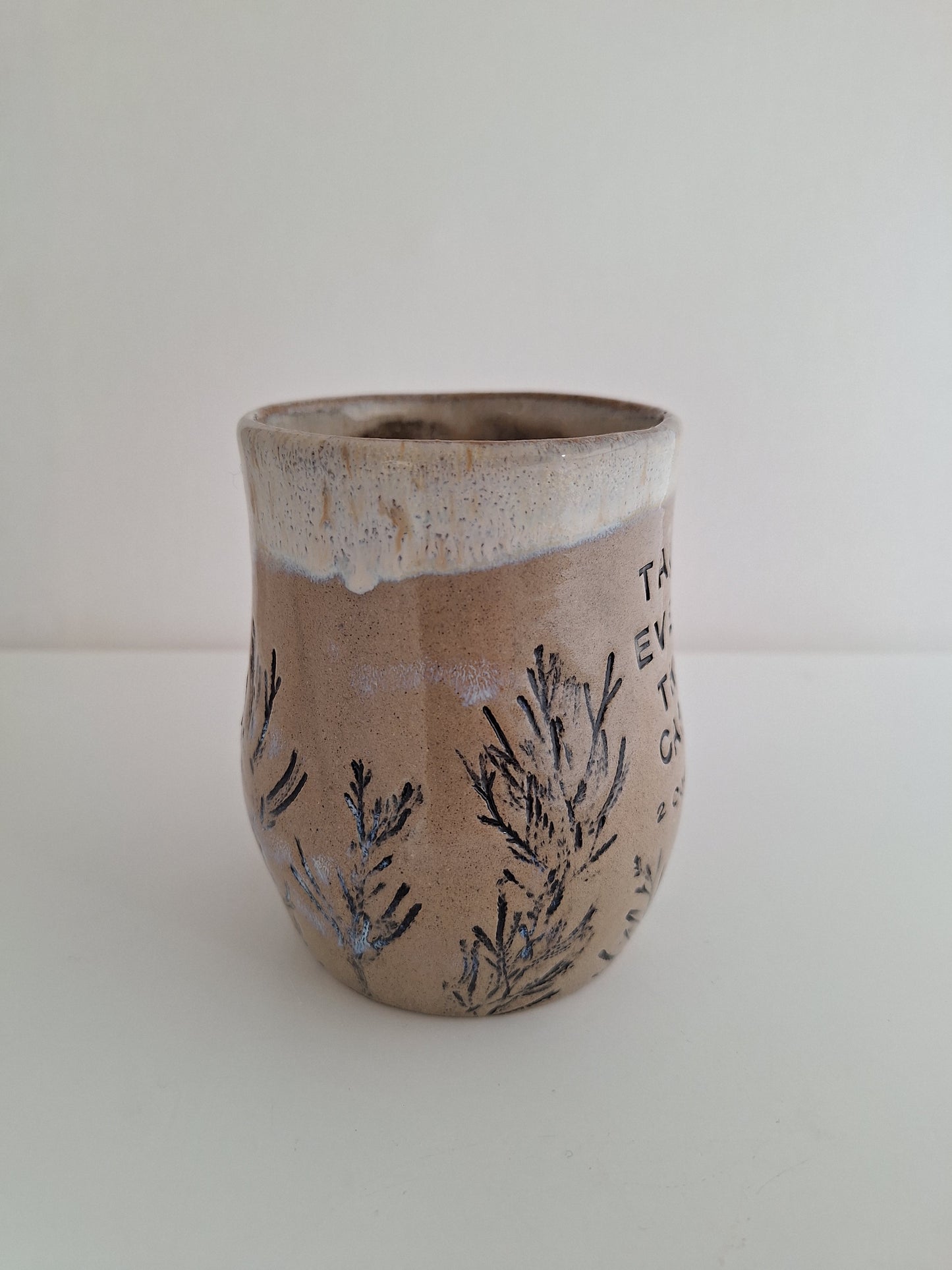 Hand Pressed Botanical Stoneware Mug – Juniper, One of a Kind Handmade Mug