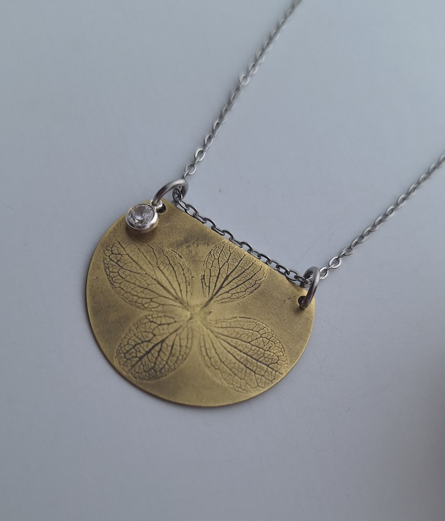 Pressed Hydrangea Brass Necklace — Botanical Imprint (One of a Kind)
