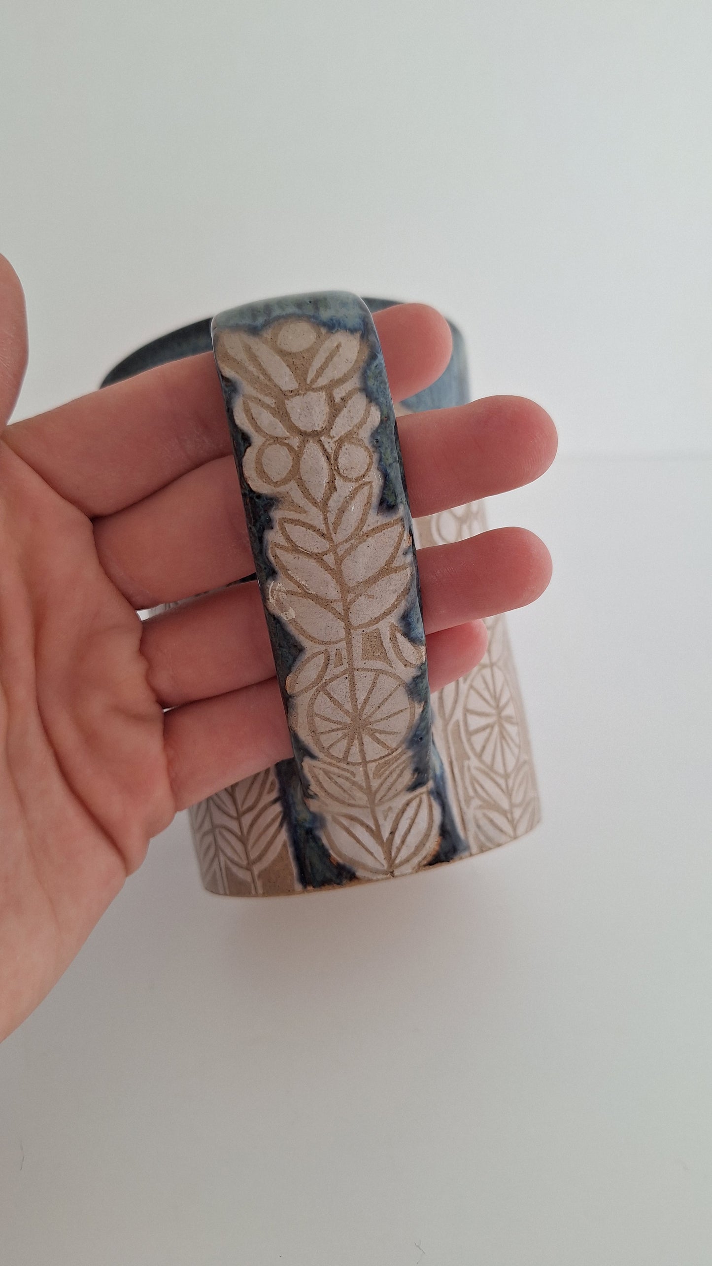 Hand Carved Botanical Stoneware Mug – Woodland Floral - One of a Kind Sgraffito Mug