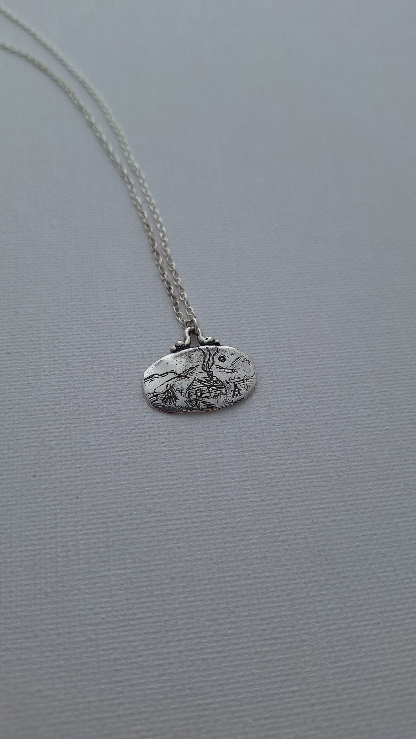 Hand Carved Sterling Silver Mountain Cabin Necklace – One of a Kind Landscape Pendant