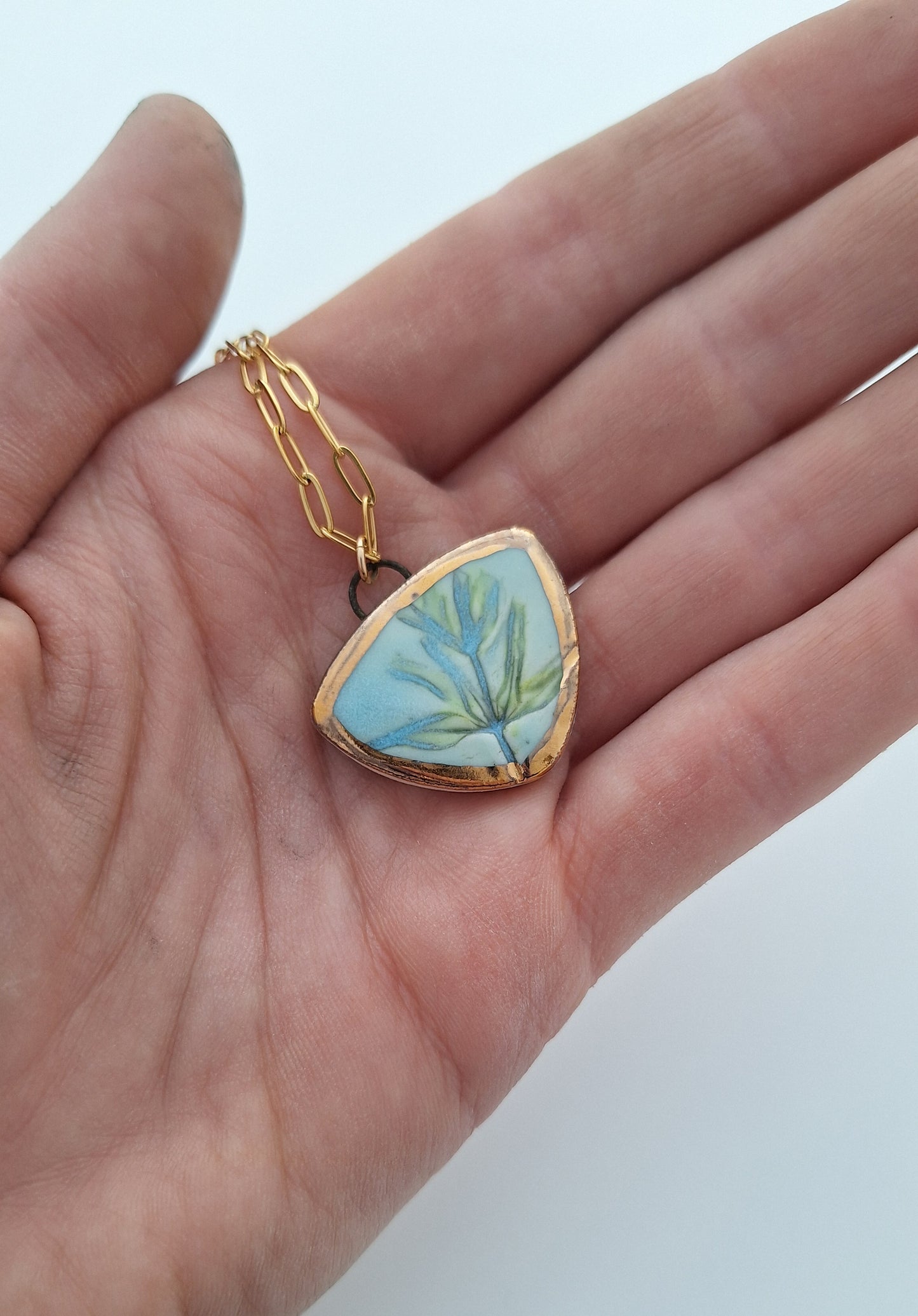 Turquoise Leaf Necklace - Ceramic - Gold