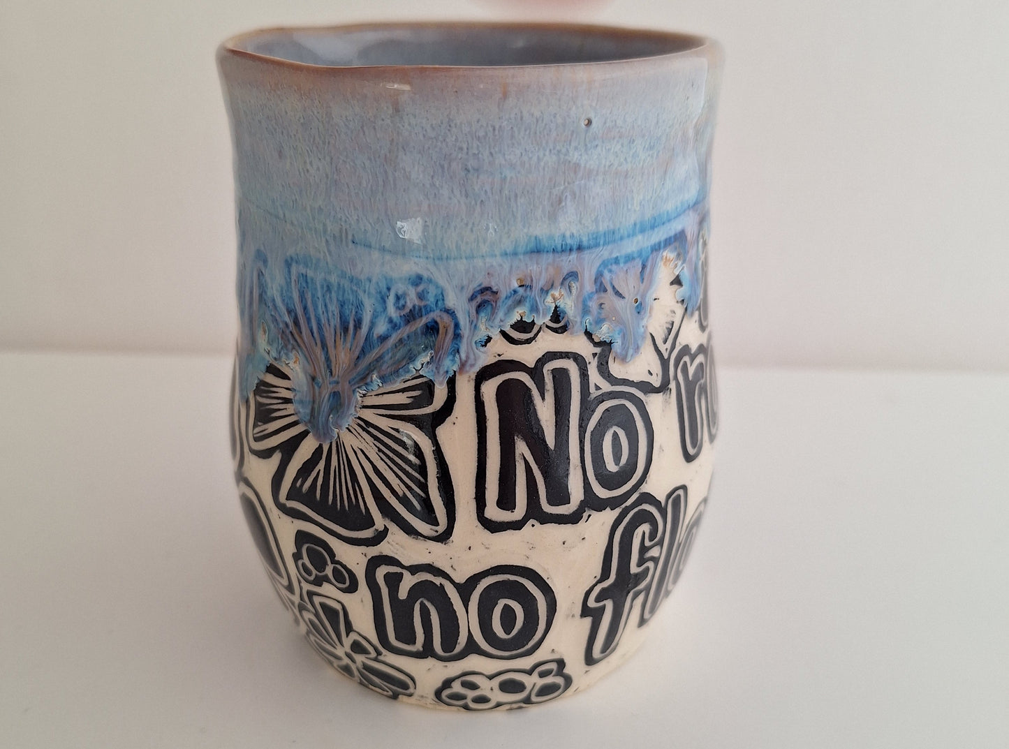 *Perfectly Imperfect* Hand-Carved - No Rain No Flowers – One of a Kind Stoneware Mug