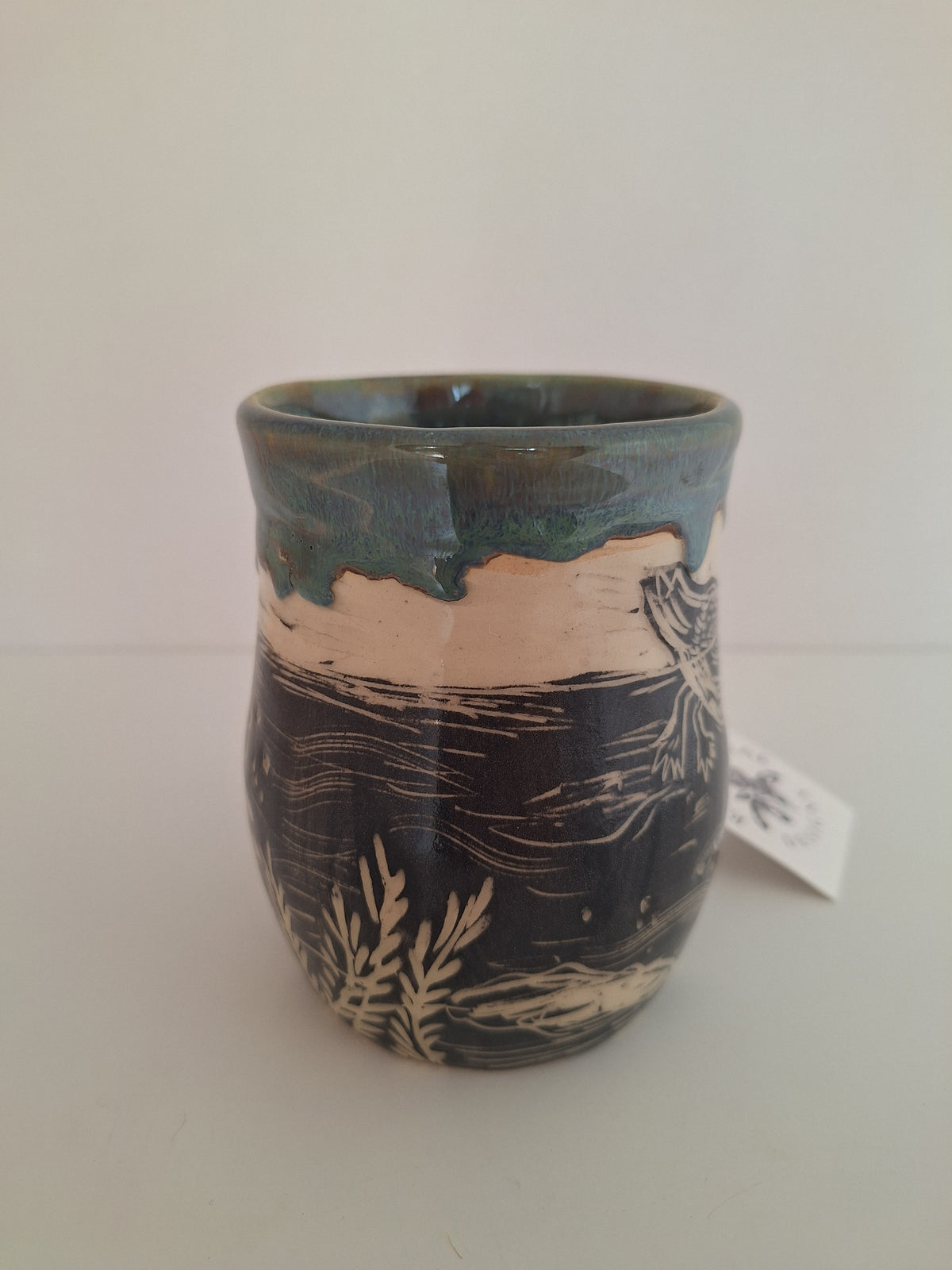 Duck Pond Mug - Hand Carved Botanical Stoneware - Sgraffito