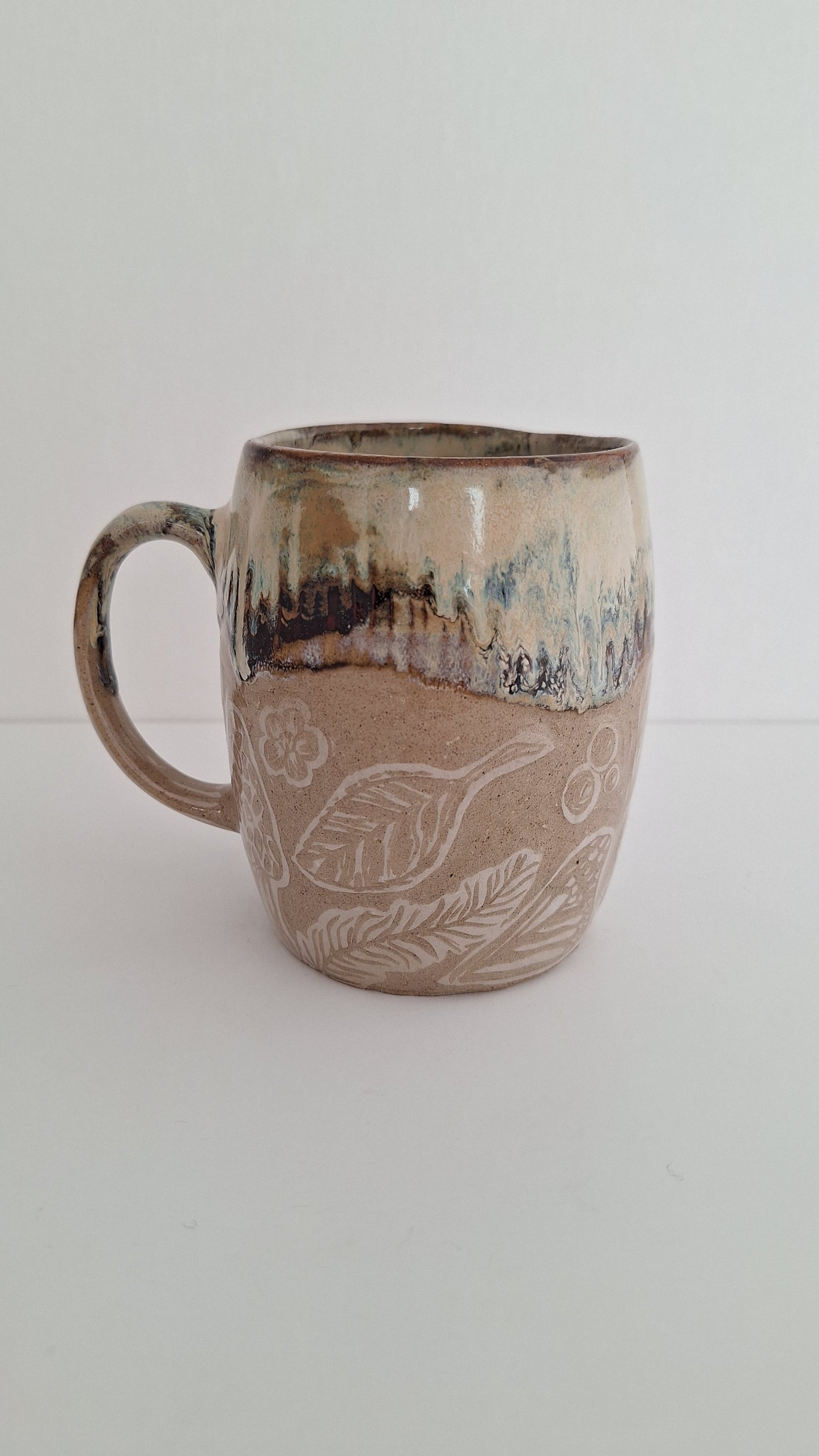 Hand Carved Botanical Stoneware Mug – Woodland Treasures - One of a Kind Sgraffito Mug