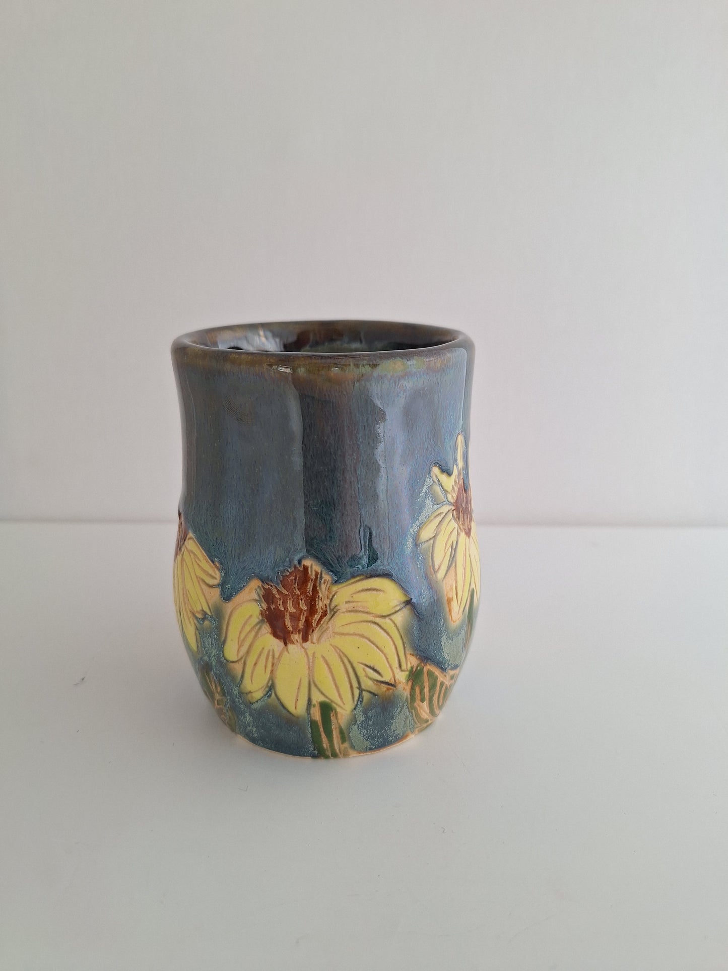 Hand Carved Botanical Stoneware Mug – Sunflowers - One of a Kind Sgraffito Mug