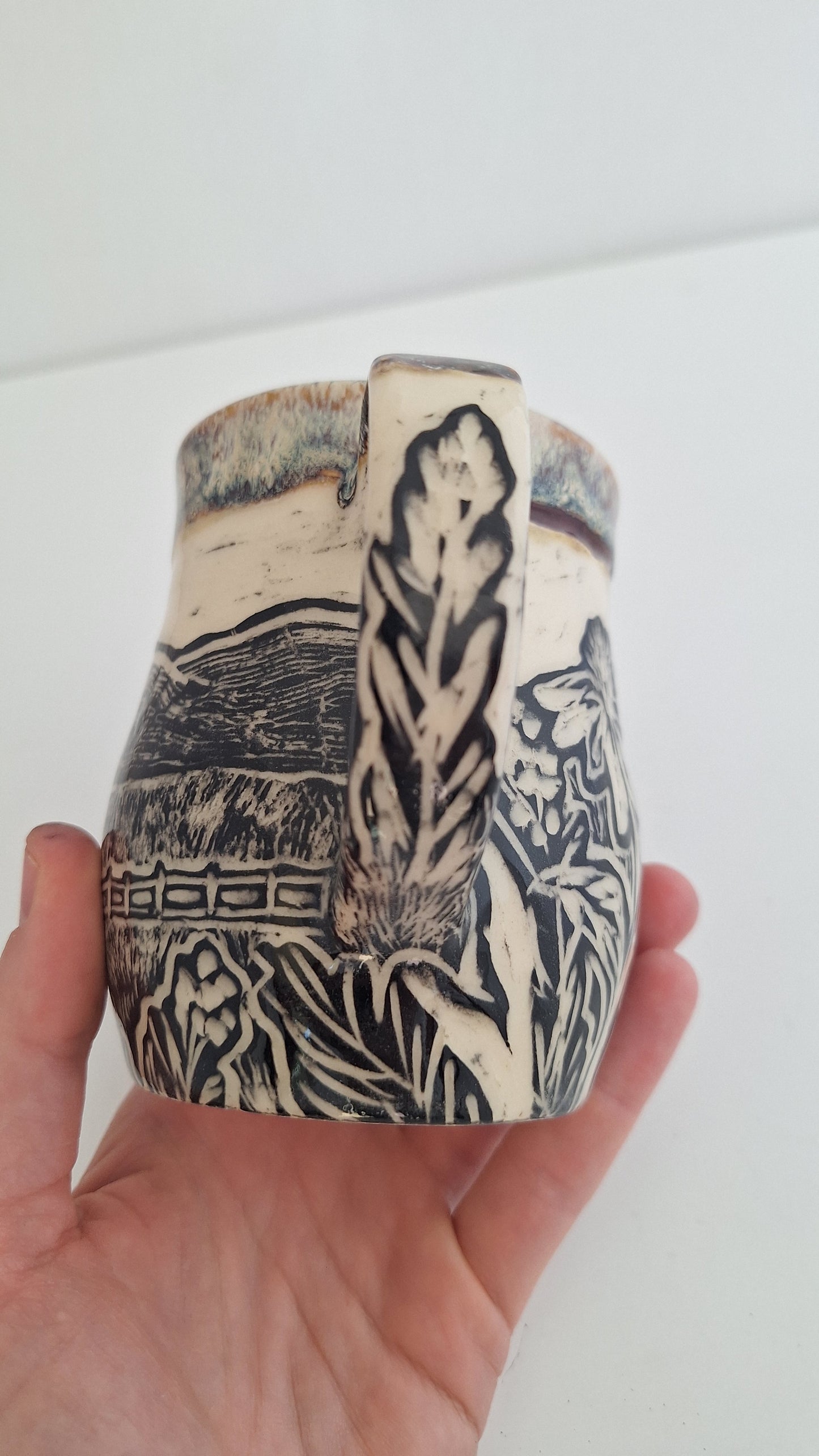 Hand Carved Botanical Stoneware Mug – Barn & Farm Field - One of a Kind Sgraffito Mug