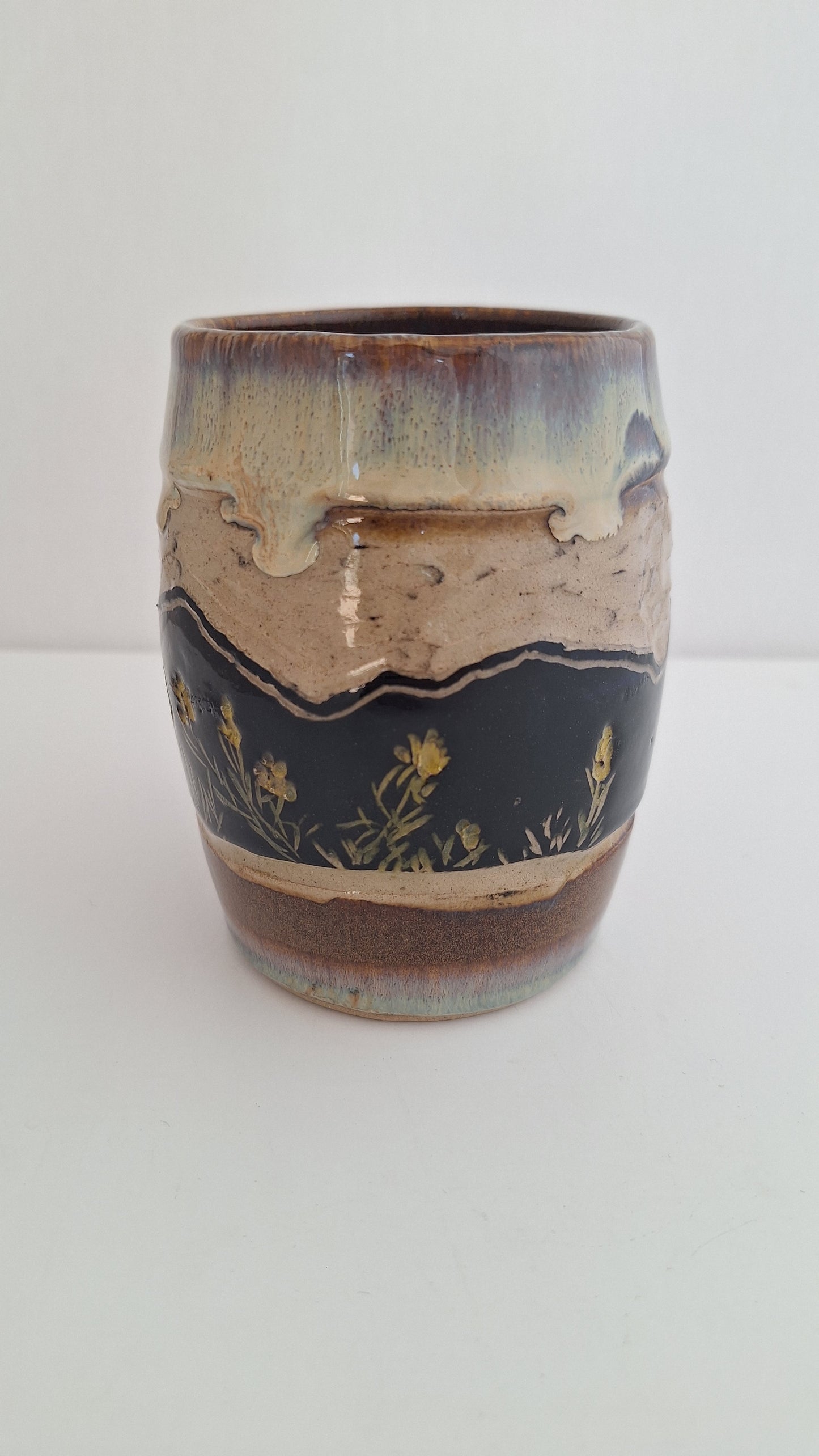 Hand Carved Botanical Stoneware Mug – Mountain Flowers - One of a Kind Sgraffito Mug