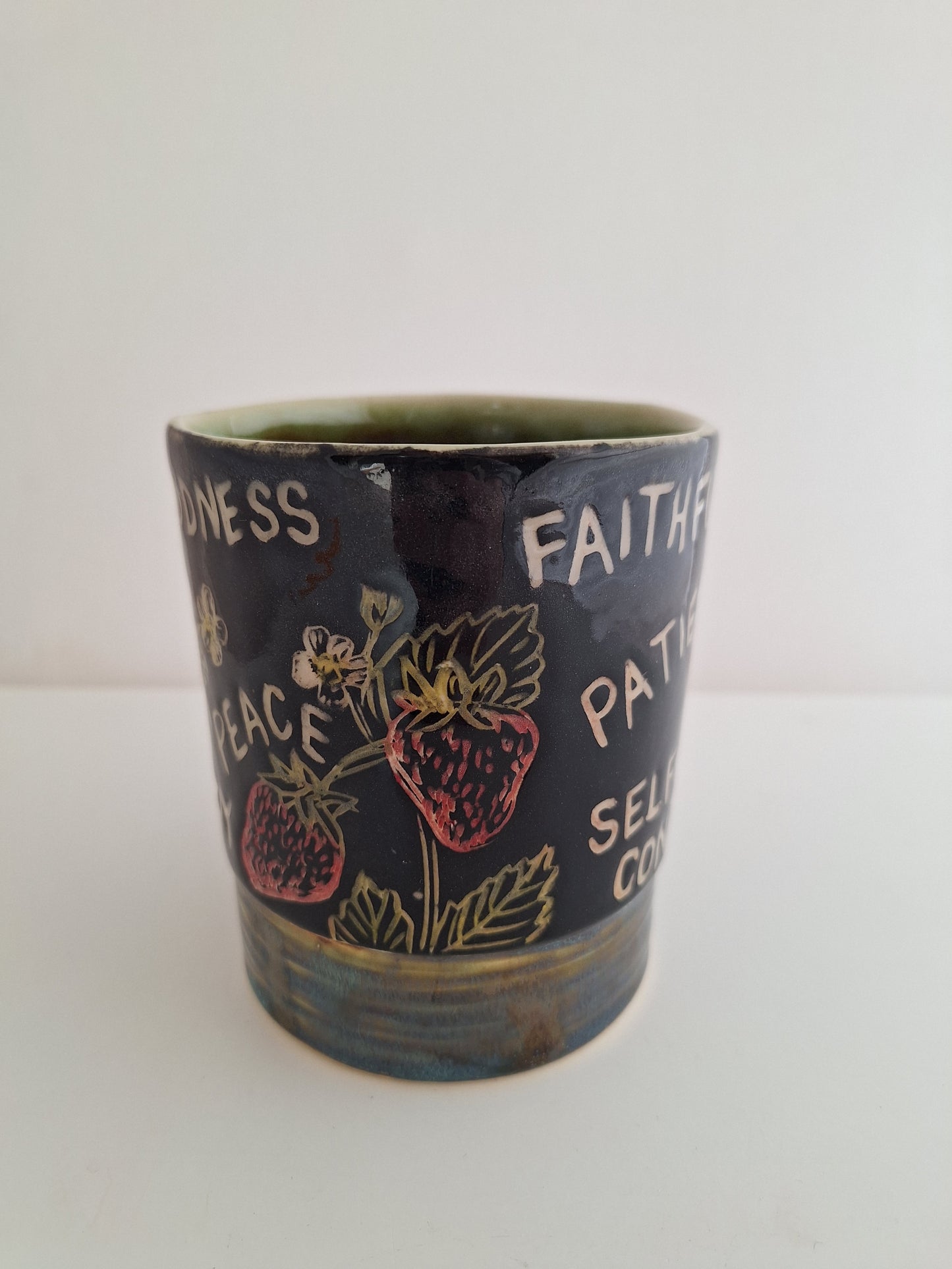 *Perfectly Imperfect* Hand-Carved Fruits of the Spirit Mug – One of a Kind Stoneware Mug