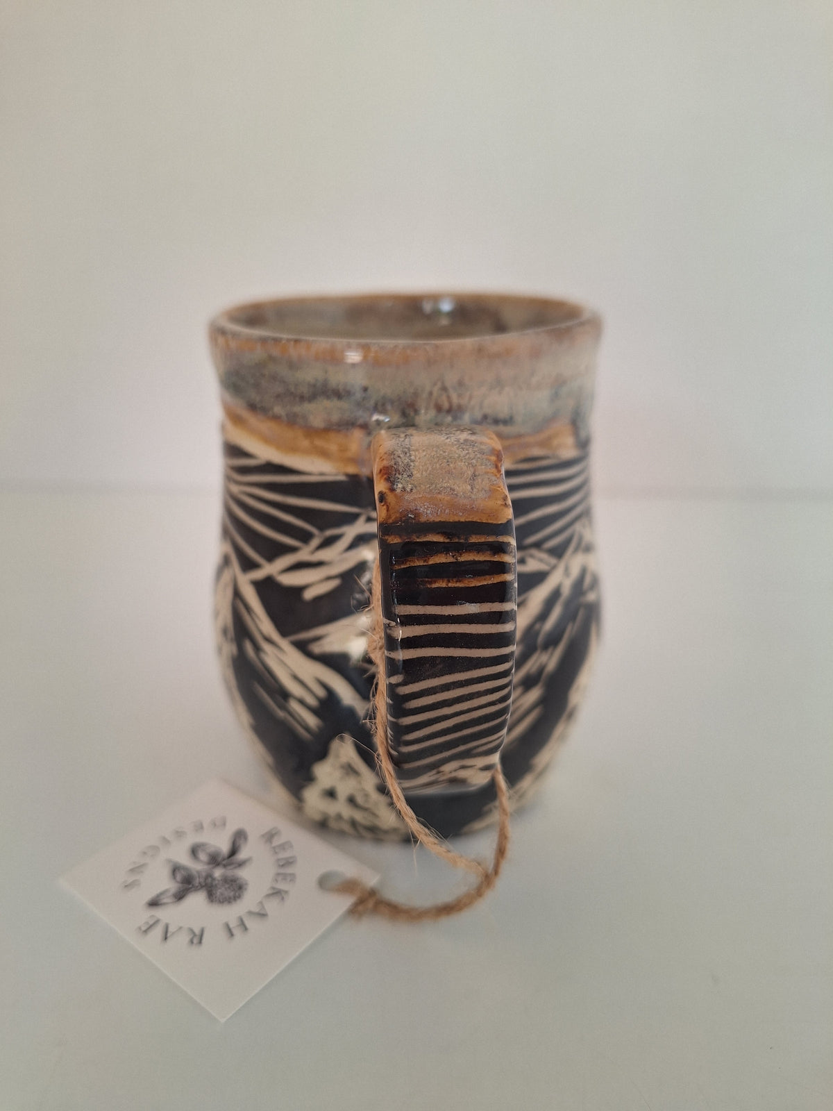 Sunrise Mountain Mug - Hand Carved Botanical Stoneware - Sgraffito