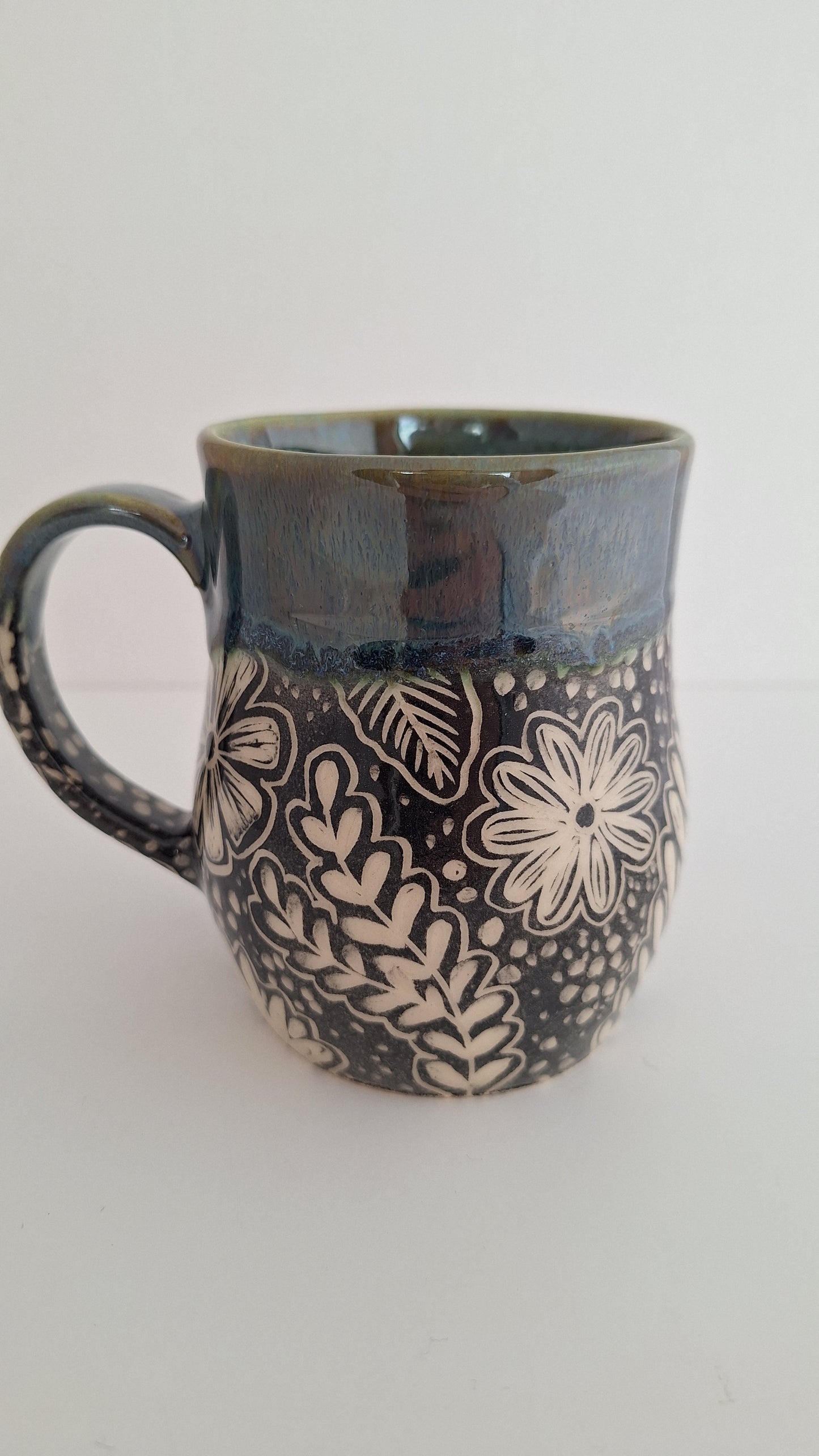 Hand Carved Botanical Stoneware Mug – Don't Worry - One of a Kind Sgraffito Mug