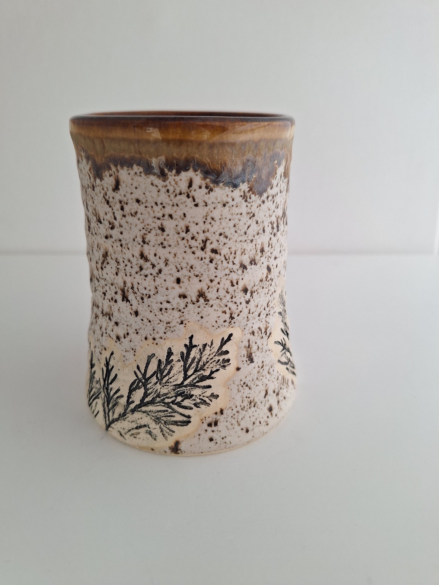 Hand Pressed Botanical Stoneware Mug – Juniper, One of a Kind Handmade Mug