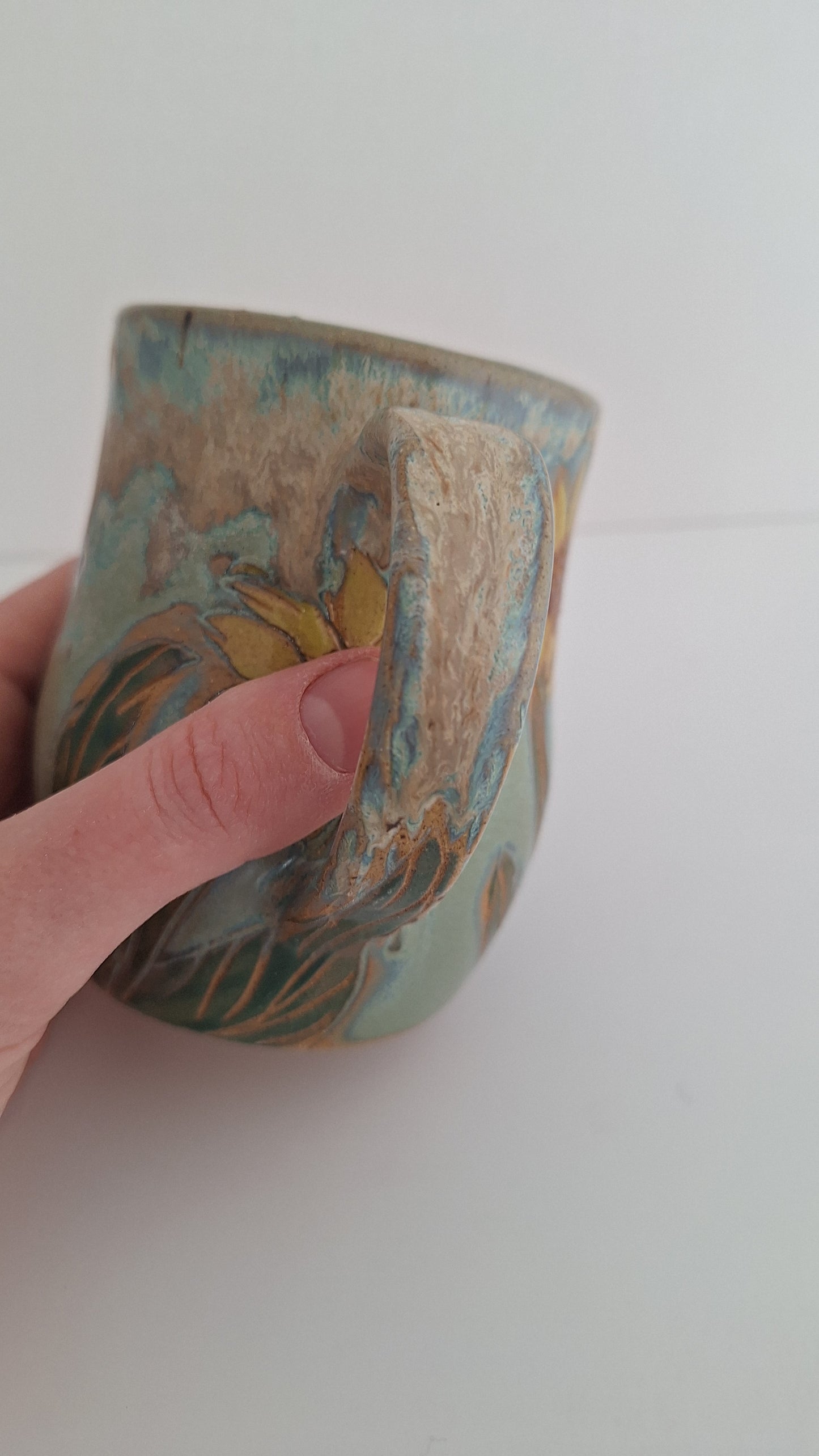 Hand Carved Botanical Stoneware Mug – Sunflowers - One of a Kind Sgraffito Mug