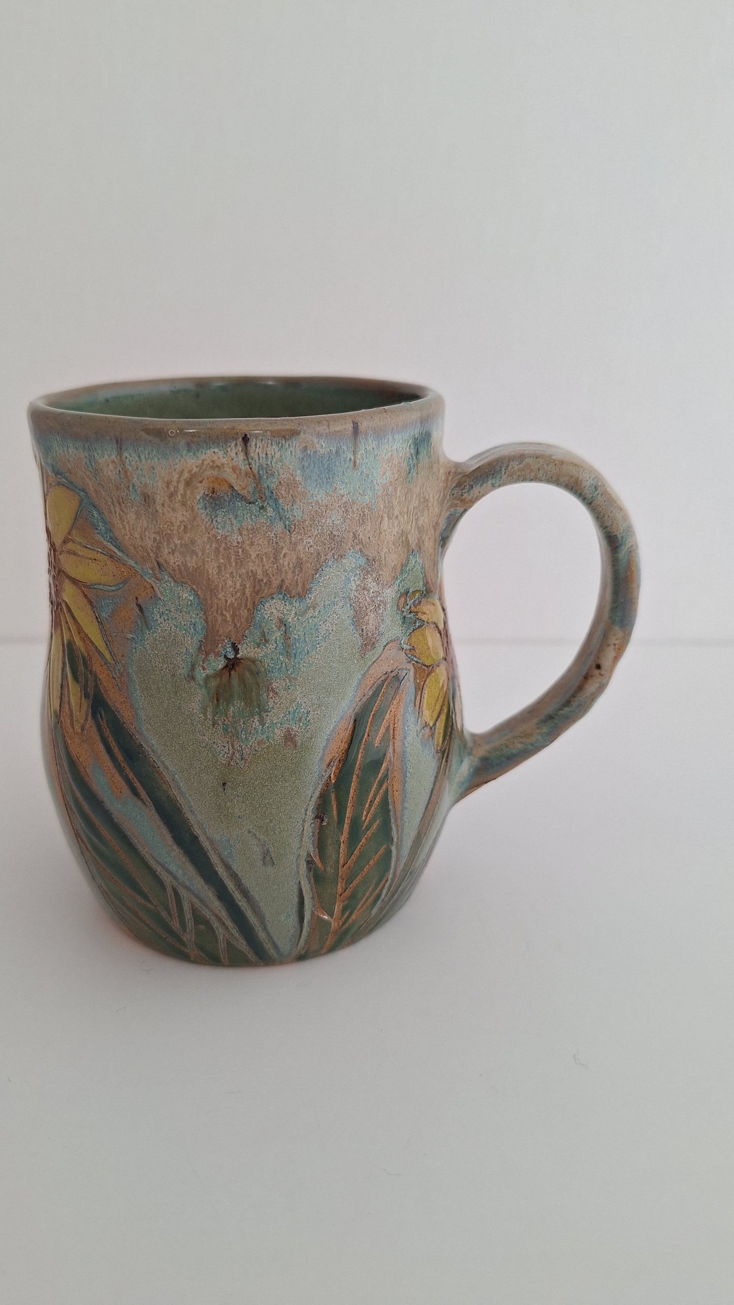Hand Carved Botanical Stoneware Mug – Sunflowers - One of a Kind Sgraffito Mug