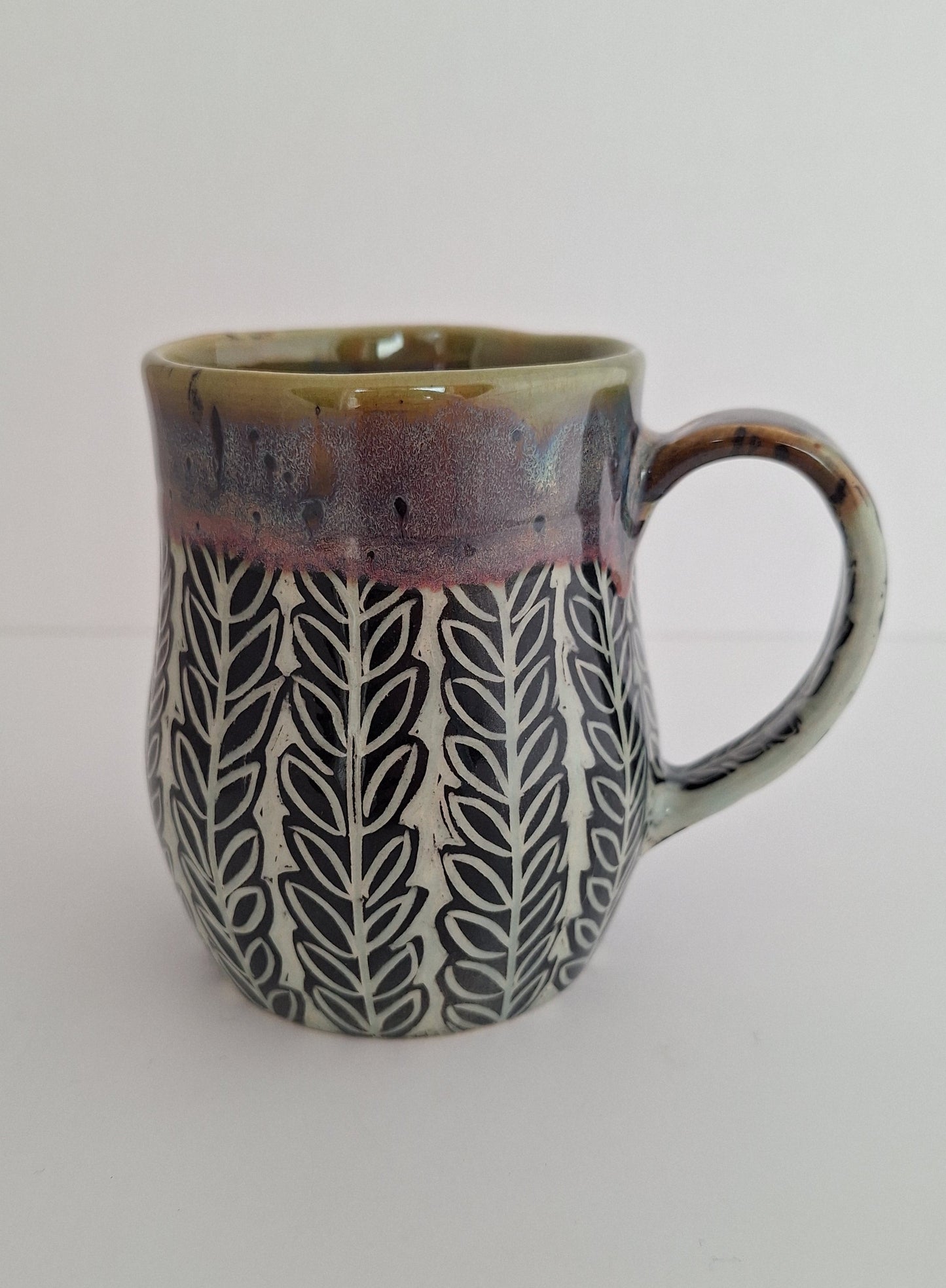 Hand Carved Botanical Stoneware Mug – Honeysuckle Vines - One of a Kind Sgraffito Mug