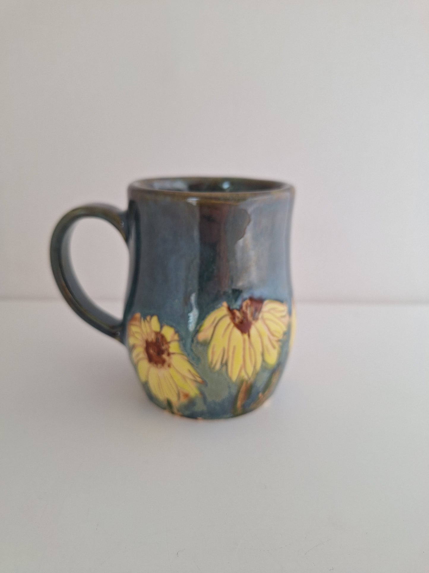 Hand Carved Botanical Stoneware Mug – Sunflowers - One of a Kind Sgraffito Mug