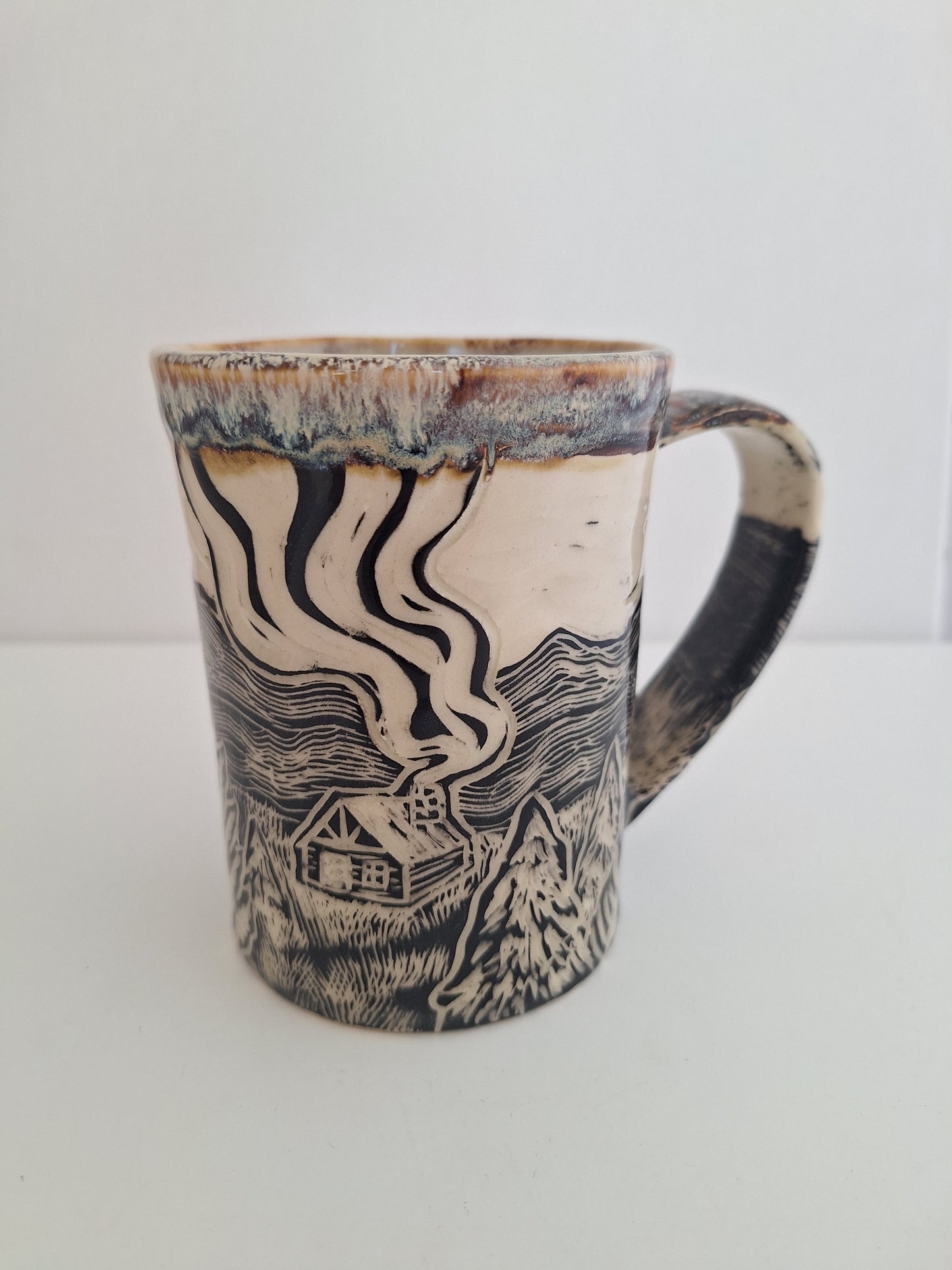 Endless Mountains - Hand Carved Botanical Stoneware Mug - One of a Kind Sgraffito Mug