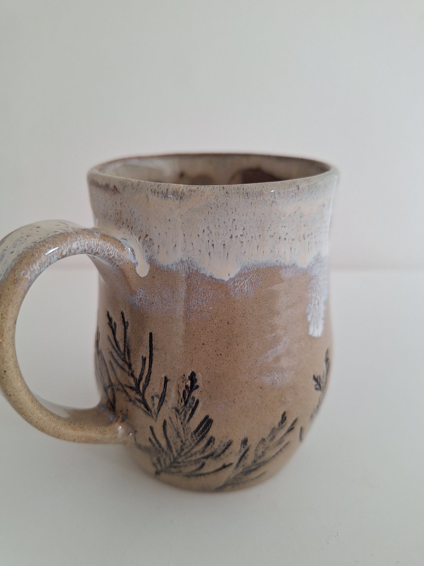 Hand Pressed Botanical Stoneware Mug – Juniper, One of a Kind Handmade Mug