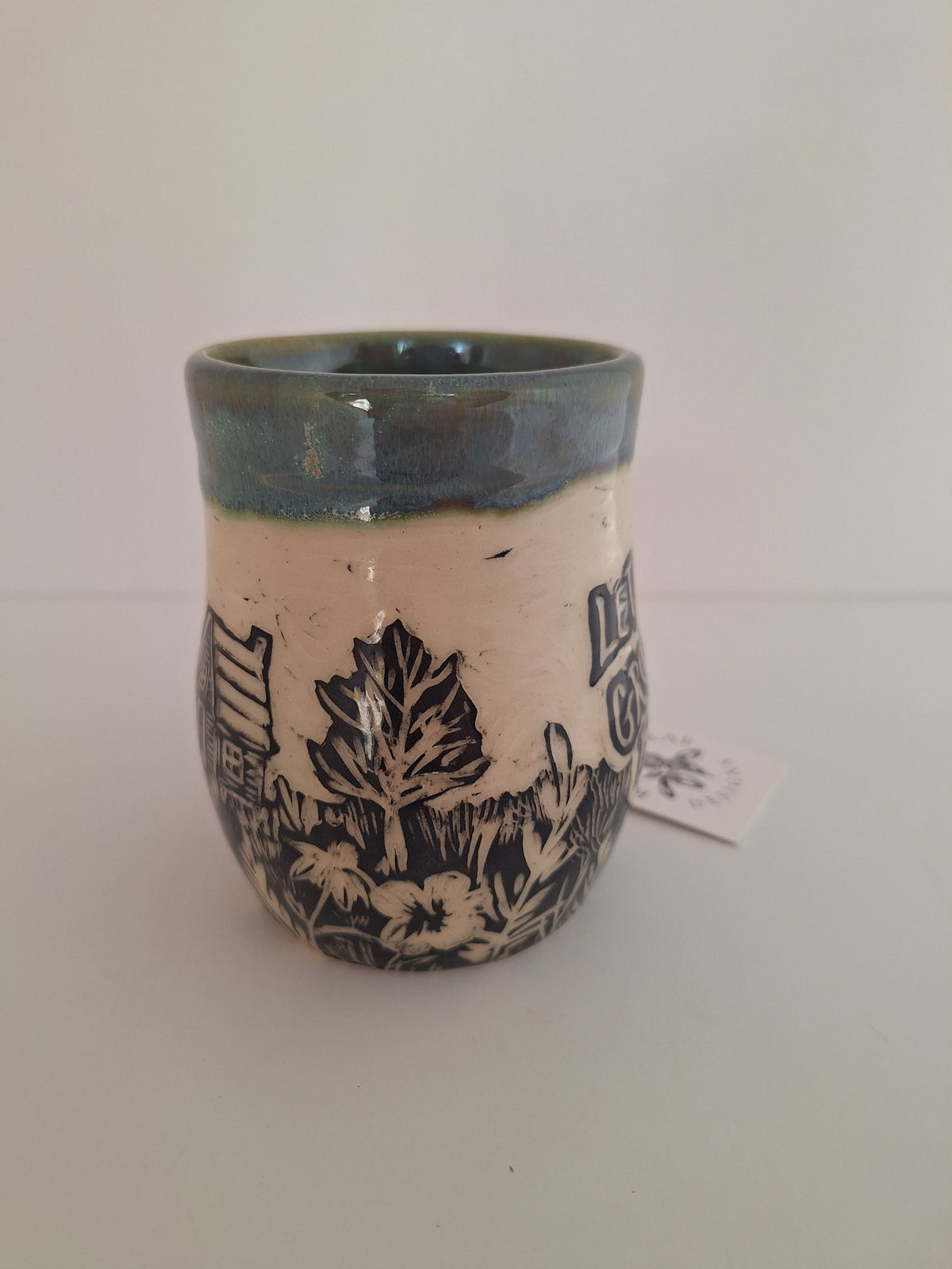 Don't Grow Weary Mug - Hand Carved Botanical Stoneware - Sgraffito