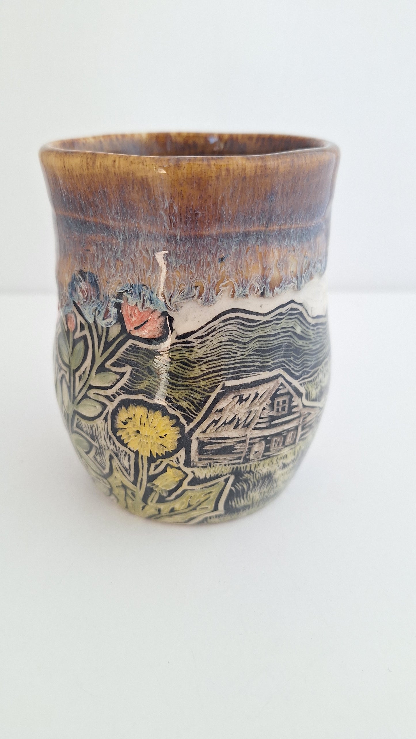 Hand Carved Botanical Stoneware Mug – Barn & Farm Field - One of a Kind Sgraffito Mug