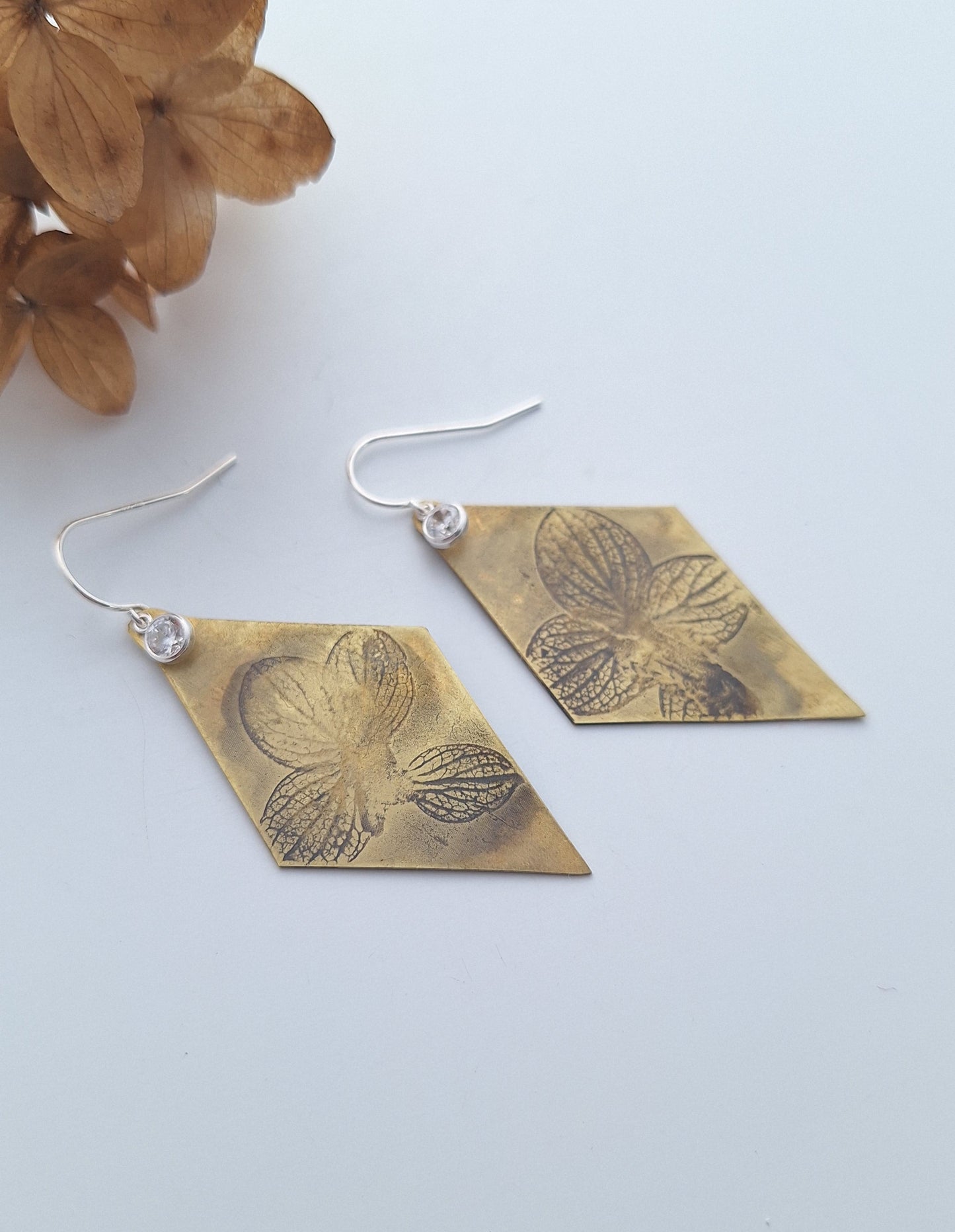 Pressed Hydrangea Brass Earrings — Botanical Imprint (One of a Kind)