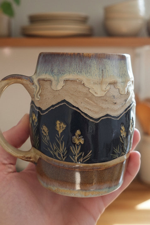 Hand Carved Botanical Stoneware Mug – Mountain Flowers - One of a Kind Sgraffito Mug