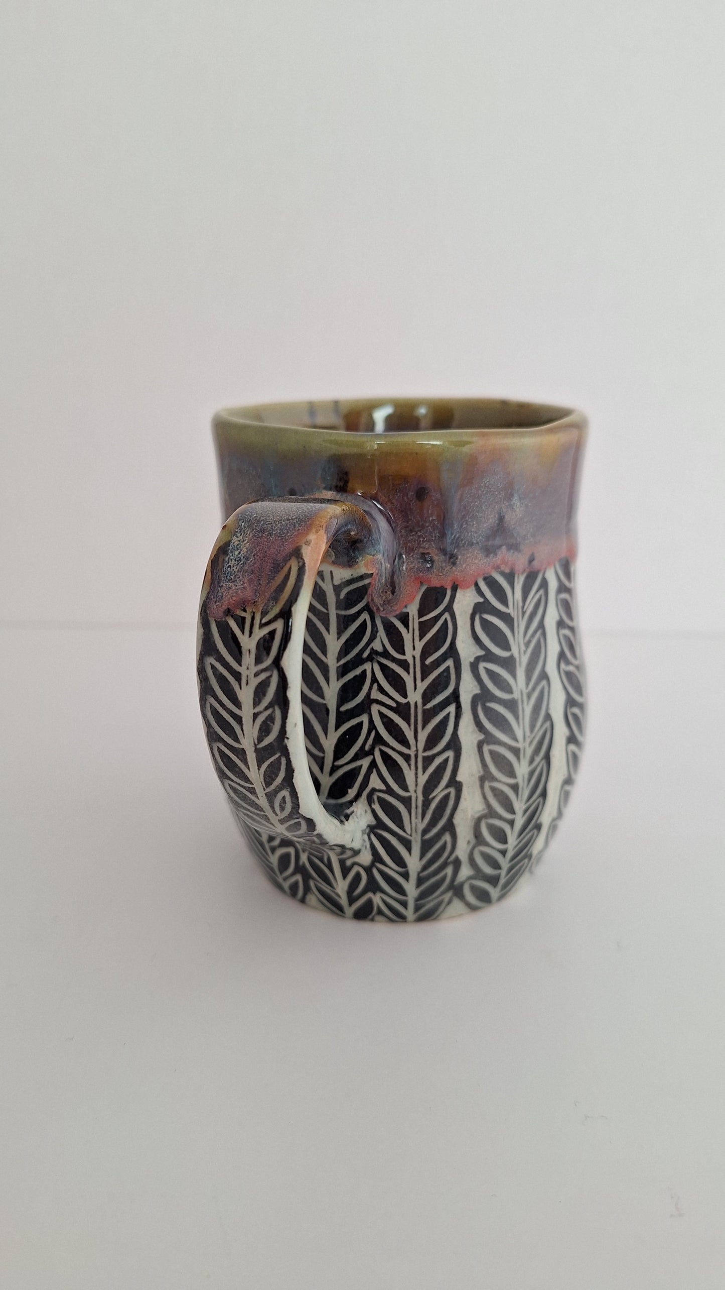 Hand Carved Botanical Stoneware Mug – Honeysuckle Vines - One of a Kind Sgraffito Mug