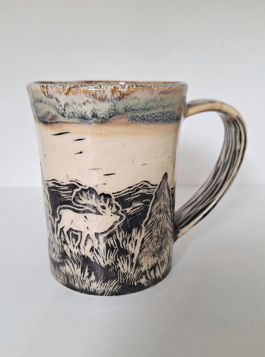 Mountain Elk Mug - Hand carved / sgraffito