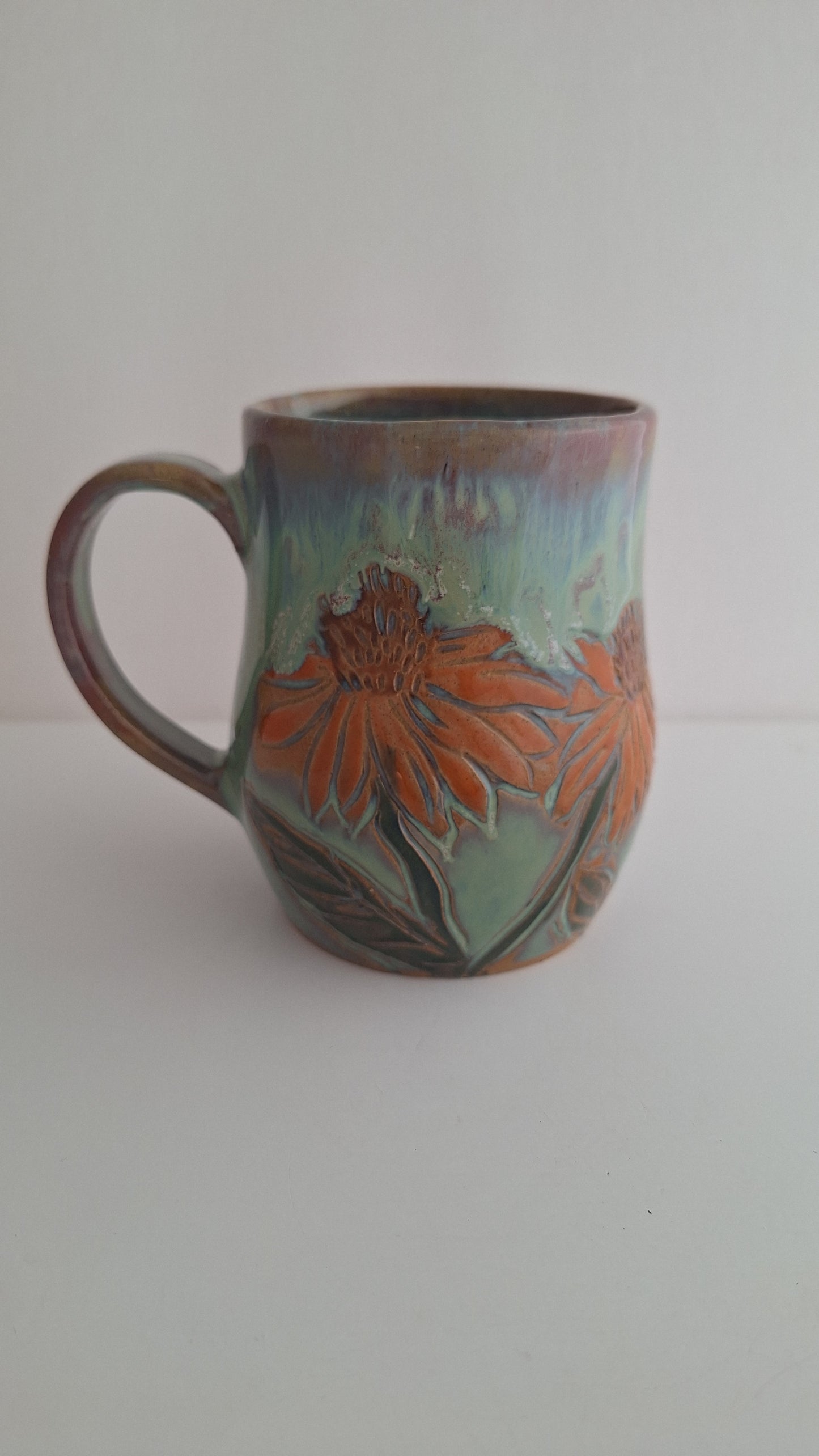 Hand Carved Botanical Stoneware Mug – Sunflowers - One of a Kind Sgraffito Mug