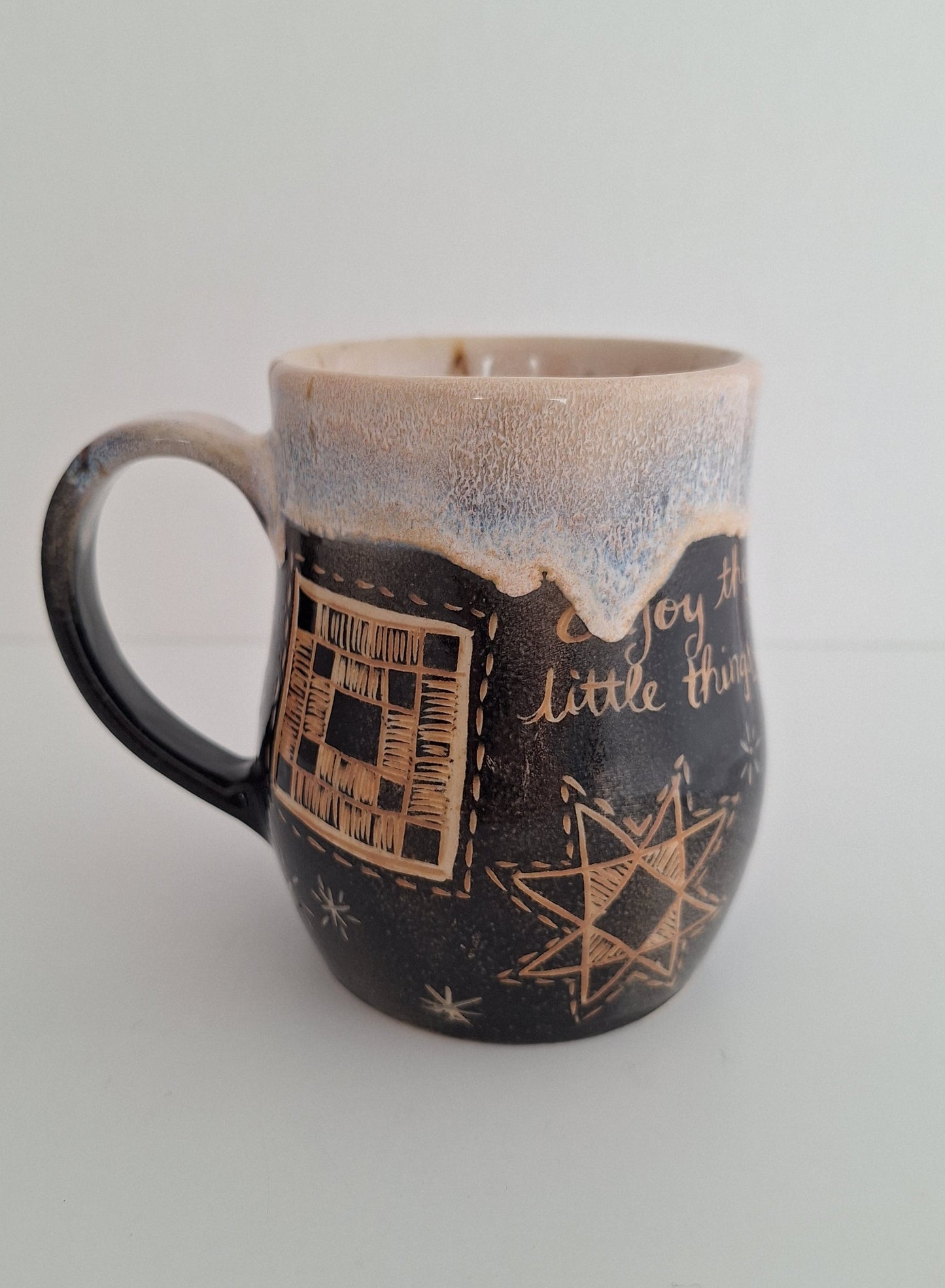 *Second* Hand Carved Stoneware Mug – Simple Things, Quilt blocks - One of a Kind Sgraffito Mug