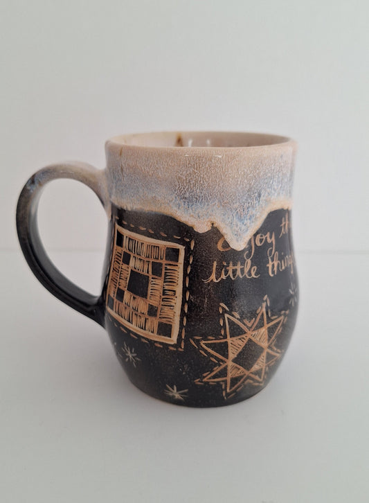 *Second* Hand Carved Stoneware Mug – Simple Things, Quilt blocks - One of a Kind Sgraffito Mug