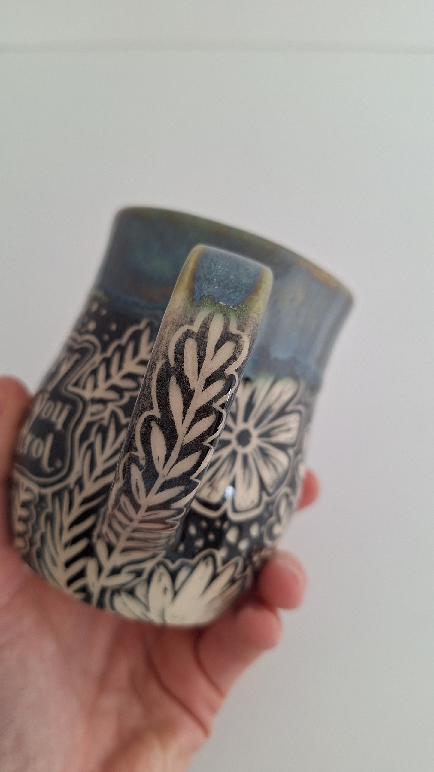 Hand Carved Botanical Stoneware Mug – Don't Worry - One of a Kind Sgraffito Mug