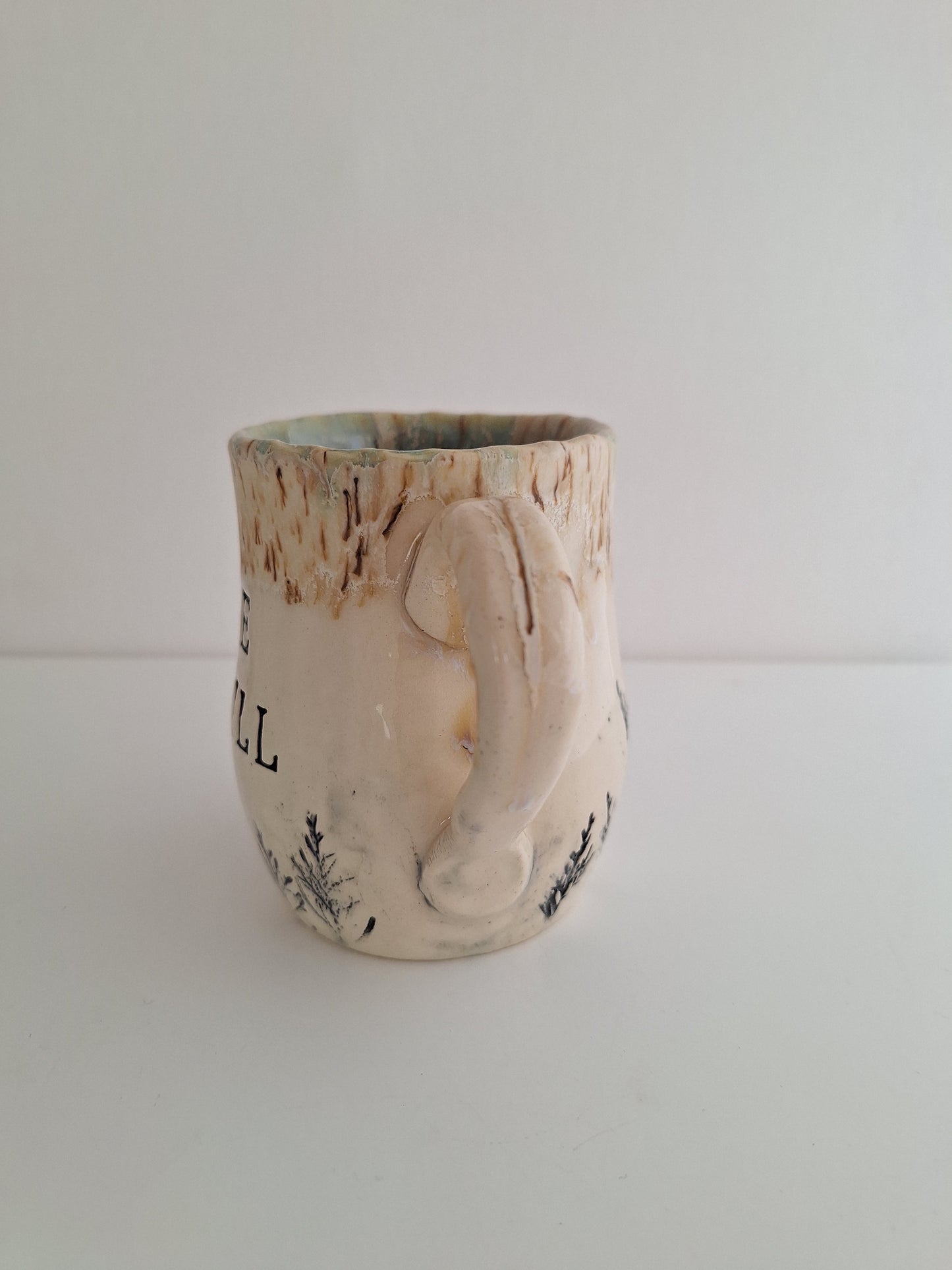 Hand Pressed Botanical Stoneware Mug – Be Still, One of a Kind Handmade Mug