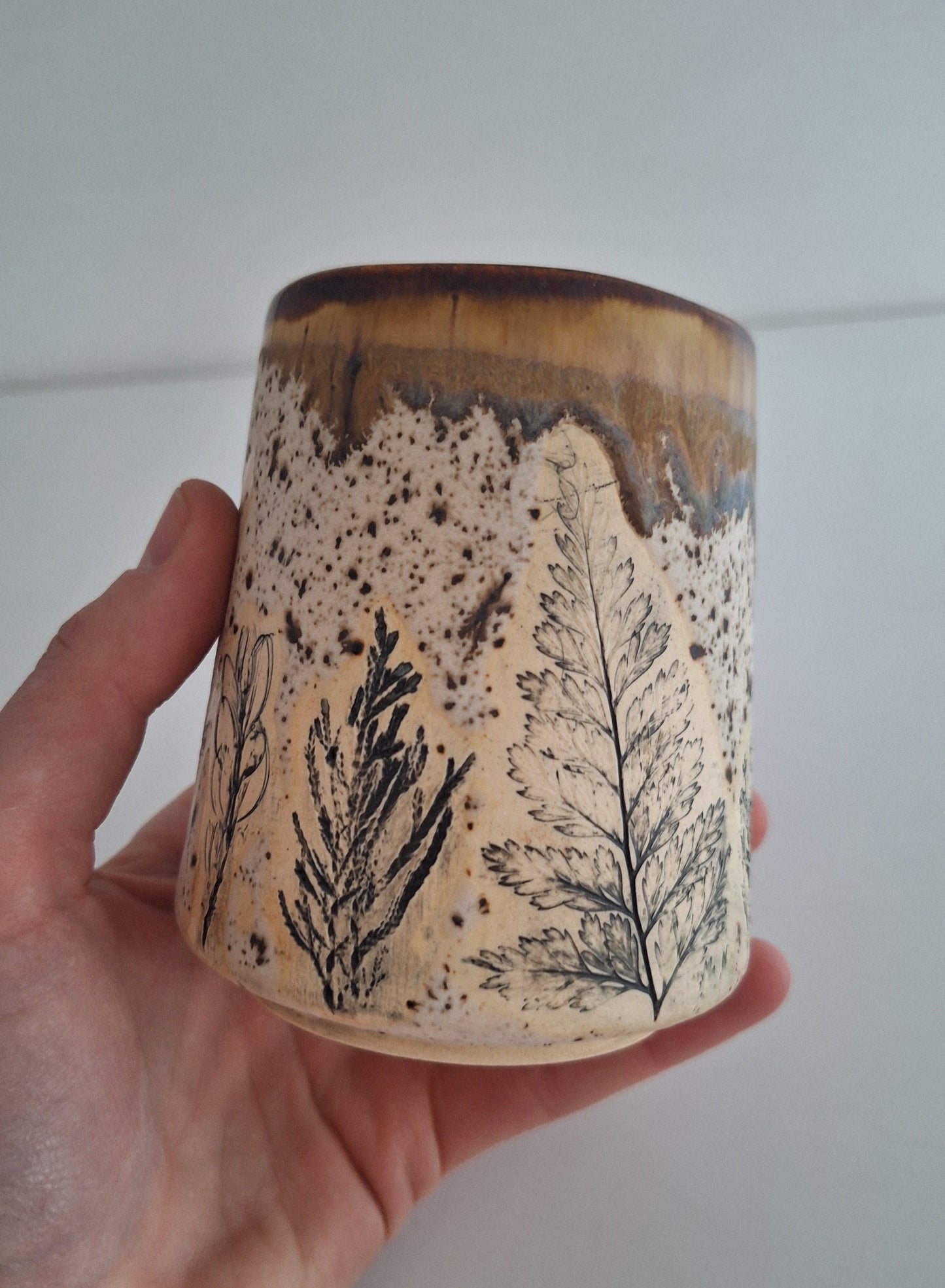 Botanical Imprint Stemless Wine Cup — One of a Kind Stoneware Tumbler - #2