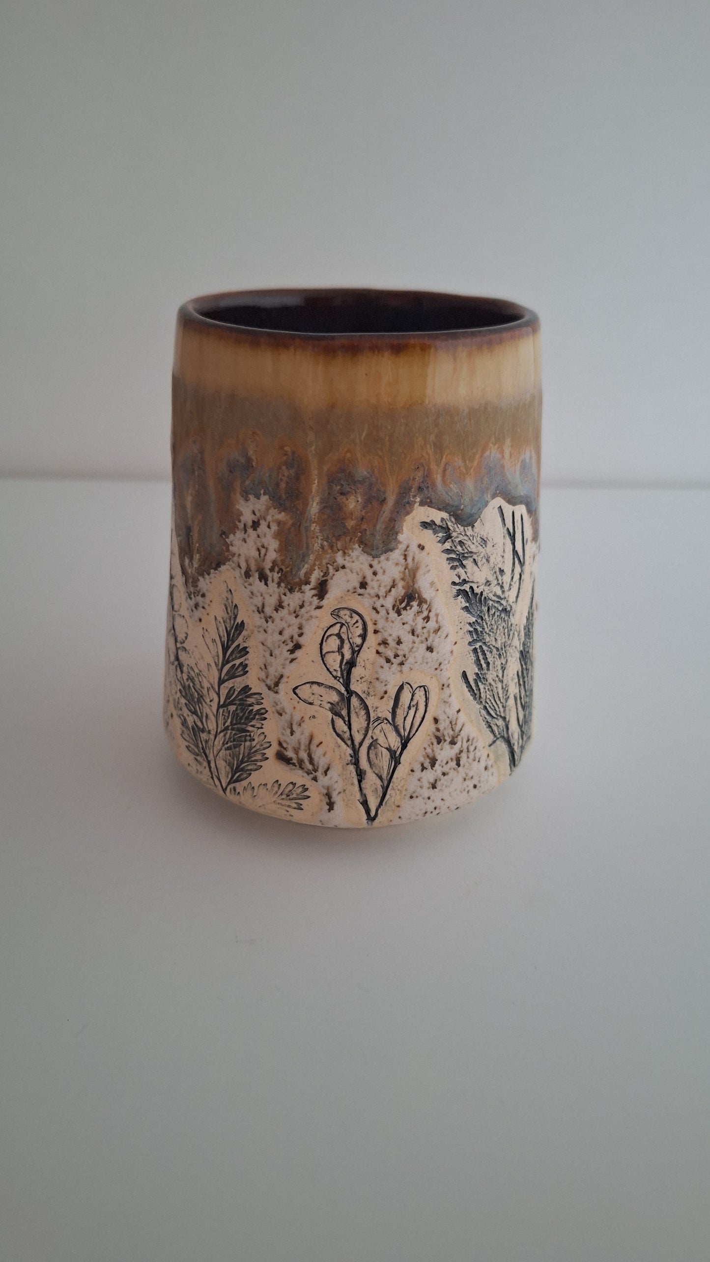Botanical Imprint Stemless Wine Cup — One of a Kind Stoneware Tumbler - #1