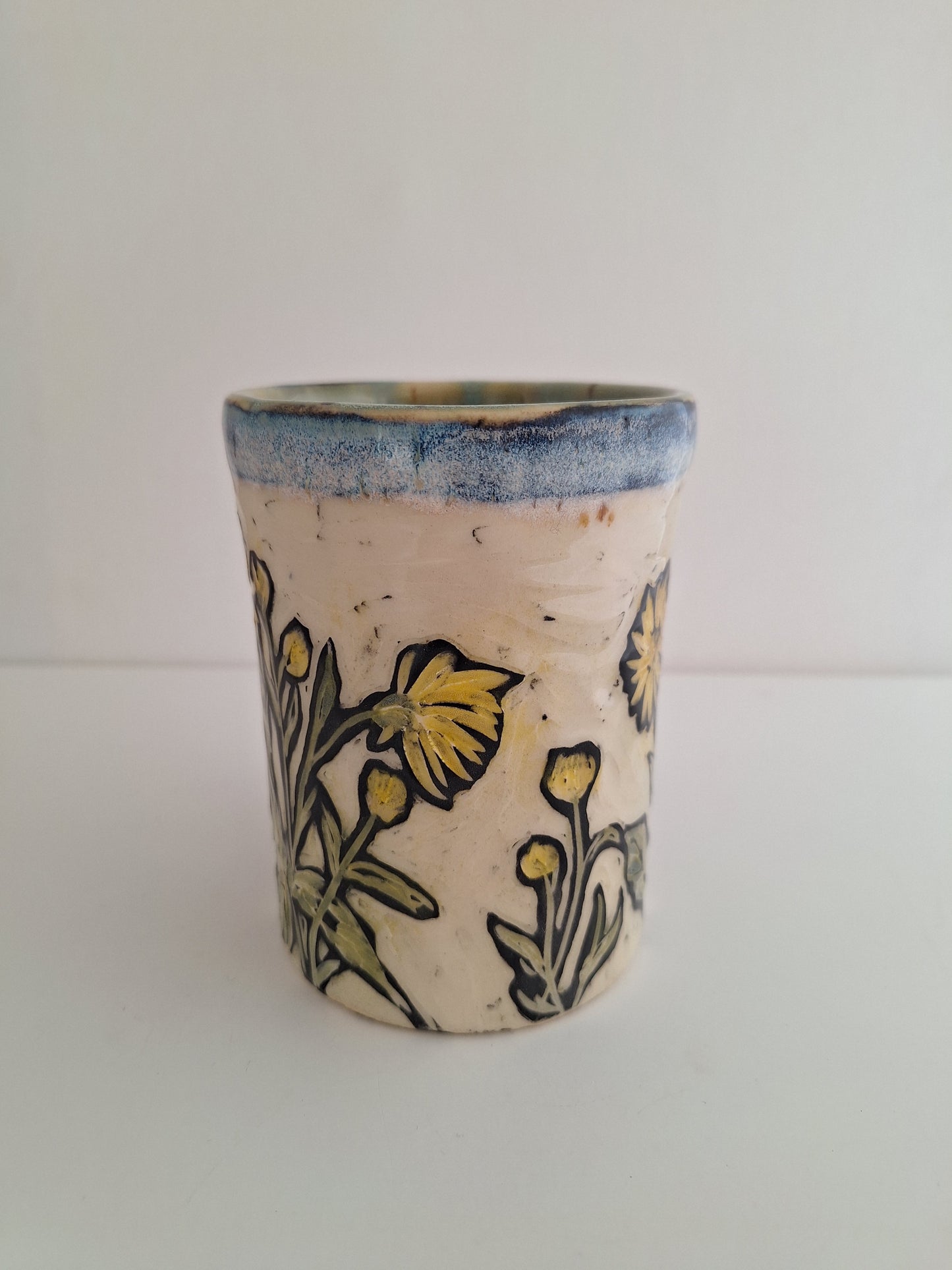Hand Carved Botanical Stoneware Mug – Brown Eyed Susan Floral - One of a Kind Sgraffito Mug