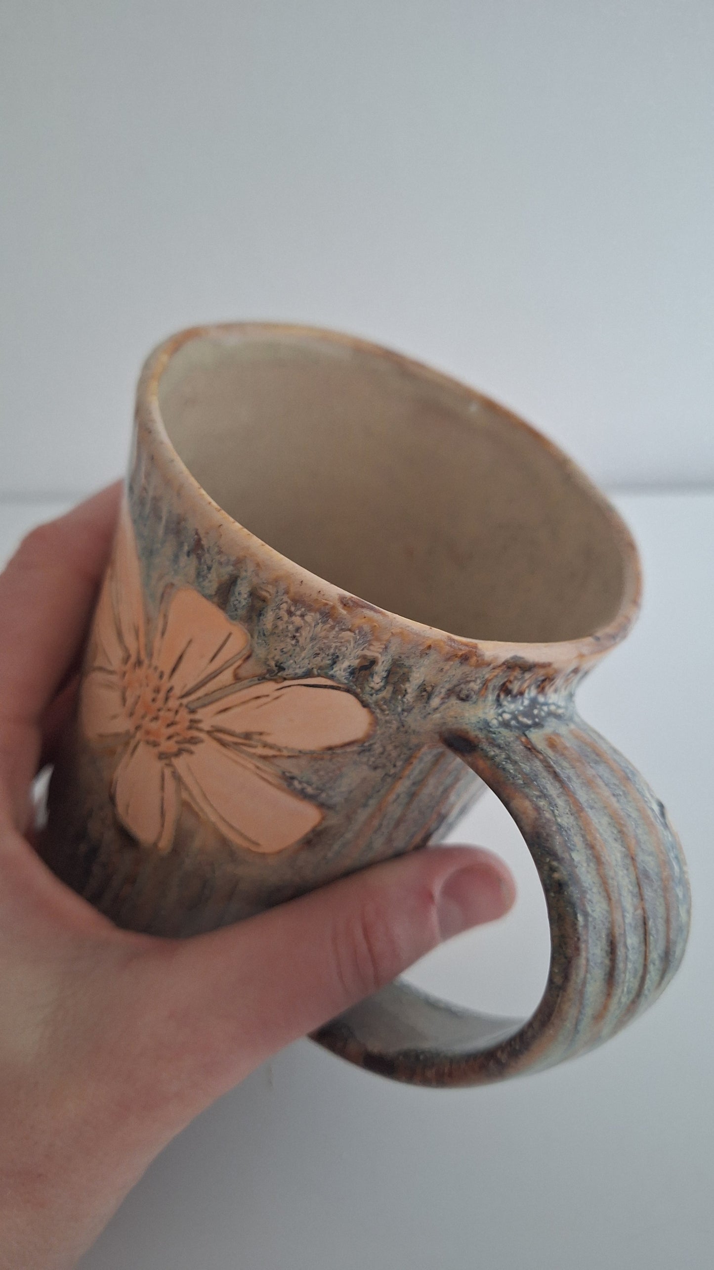 Hand Carved Botanical Stoneware Mug – Cosmo Floral - One of a Kind Sgraffito Mug