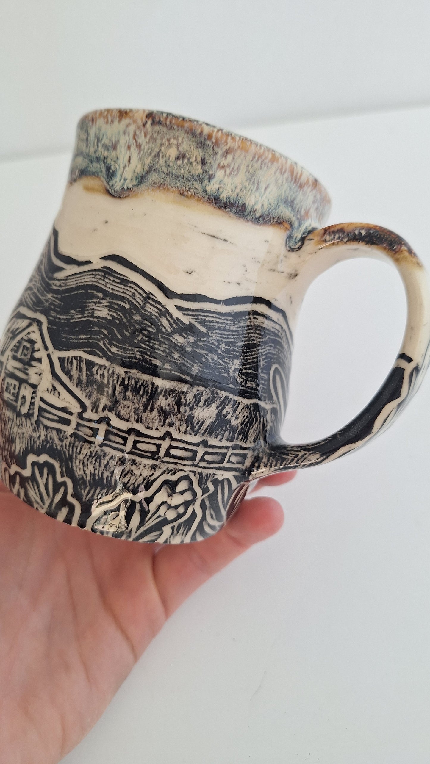 Hand Carved Botanical Stoneware Mug – Barn & Farm Field - One of a Kind Sgraffito Mug