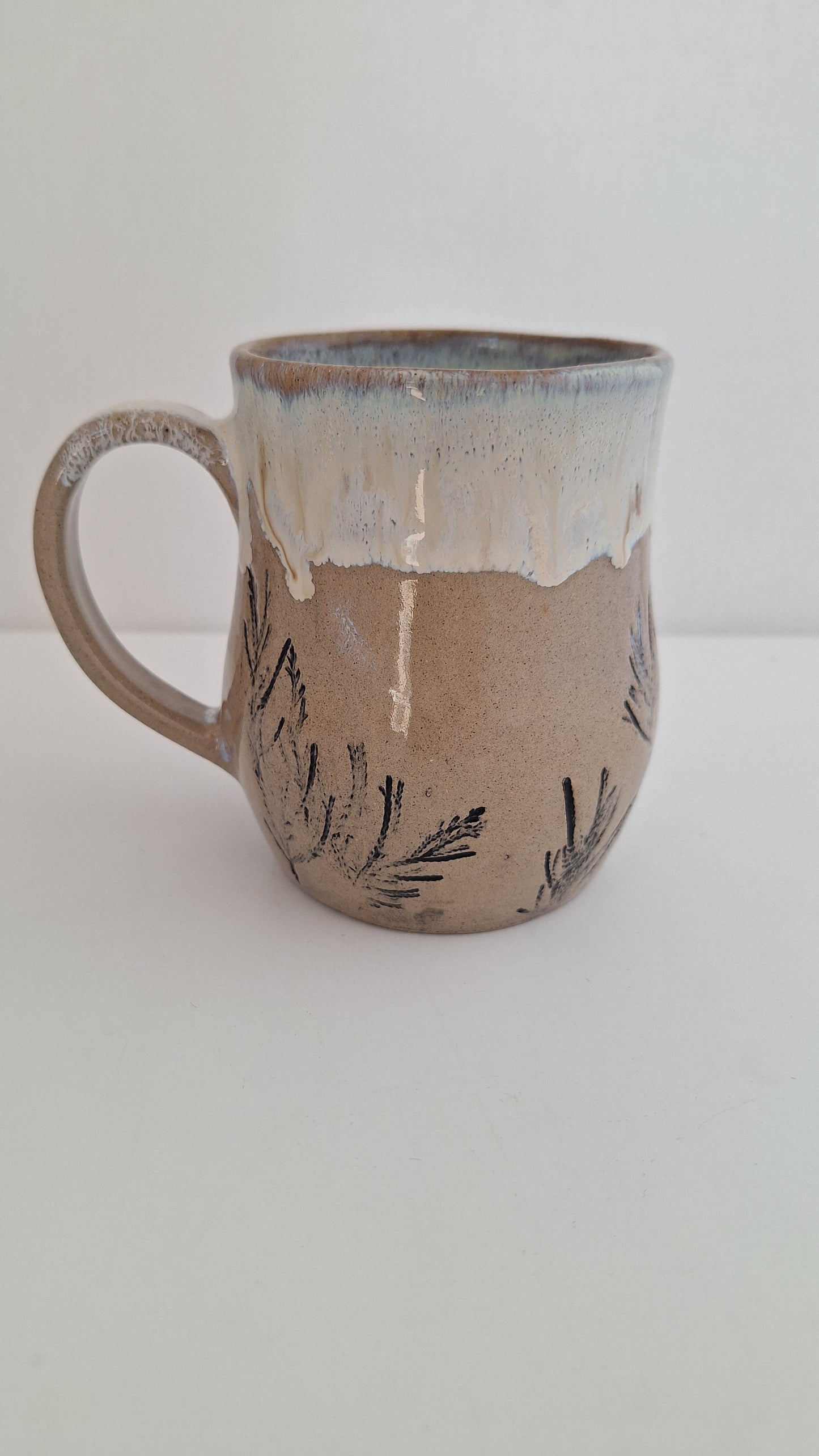 Be Still - Hand Pressed Botanical Stoneware Mug Juniper, One of a Kind Handmade Mug