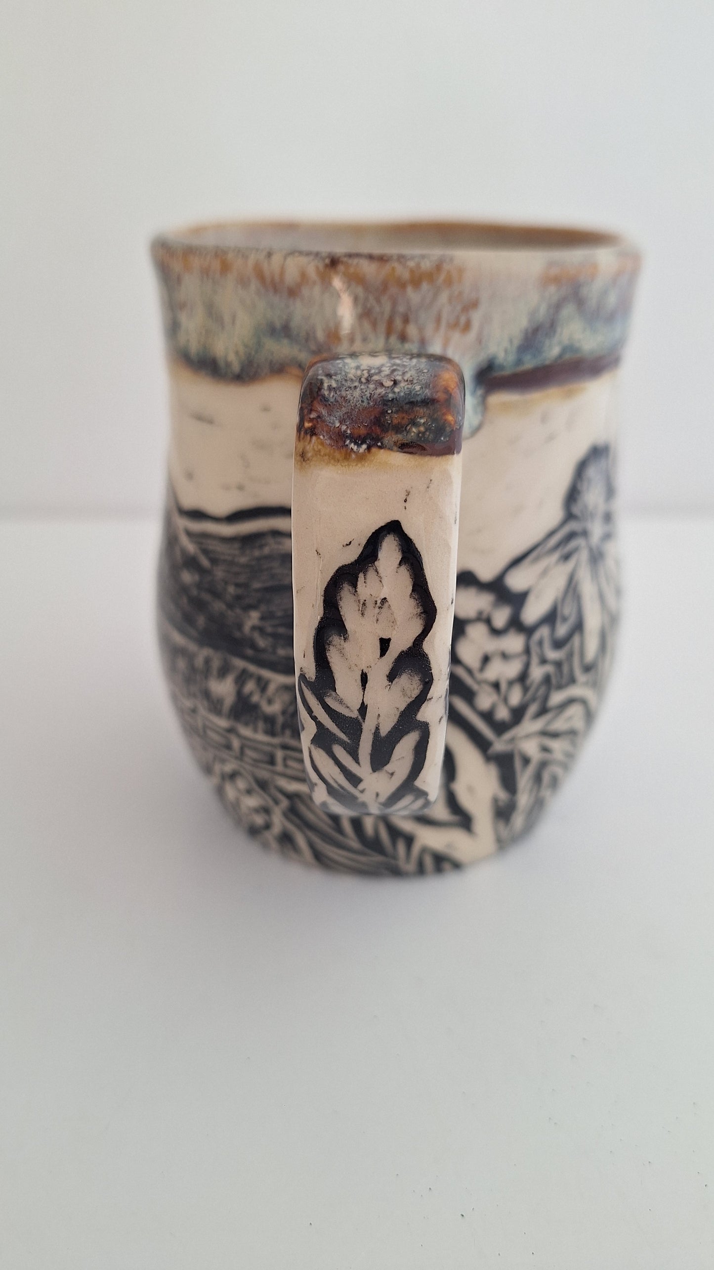 Hand Carved Botanical Stoneware Mug – Barn & Farm Field - One of a Kind Sgraffito Mug