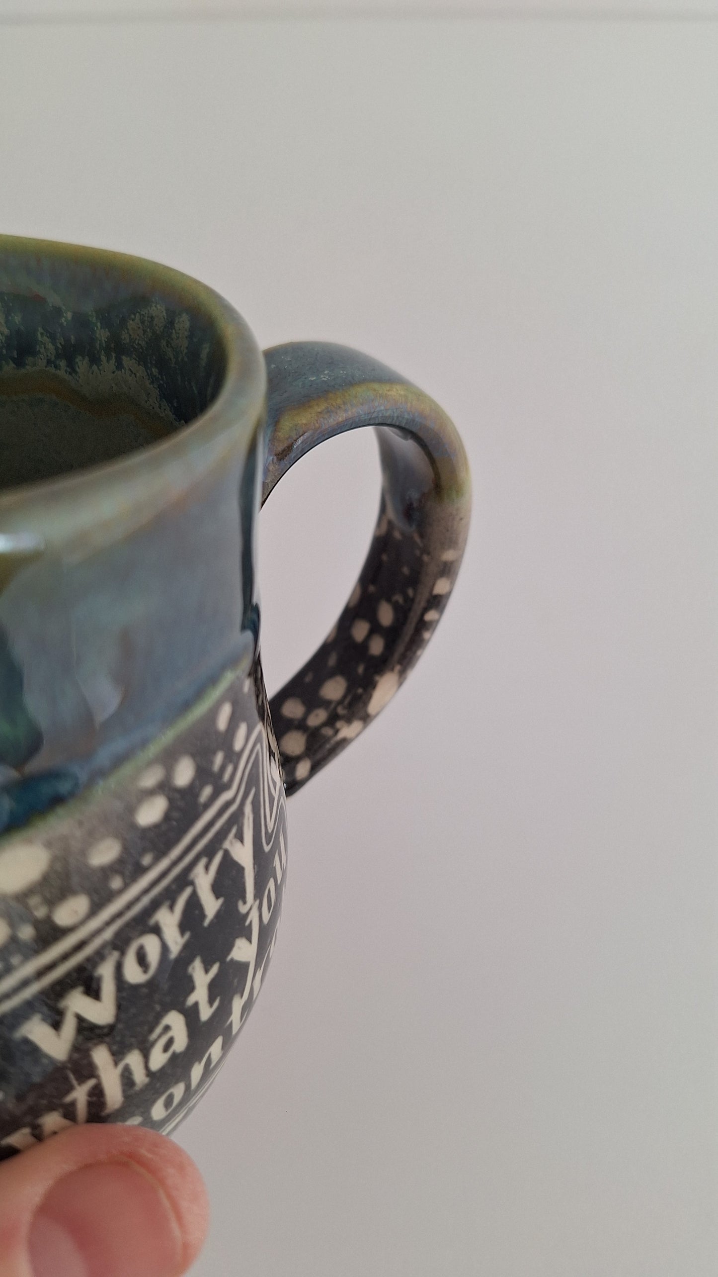 Hand Carved Botanical Stoneware Mug – Don't Worry - One of a Kind Sgraffito Mug