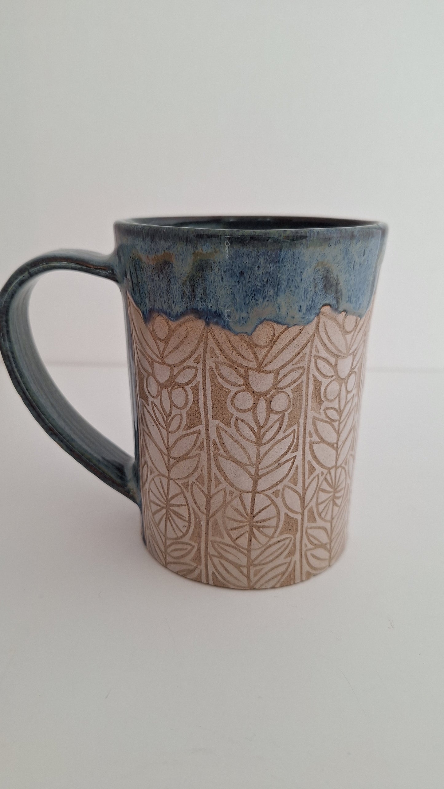 Hand Carved Botanical Stoneware Mug – Woodland Floral - One of a Kind Sgraffito Mug