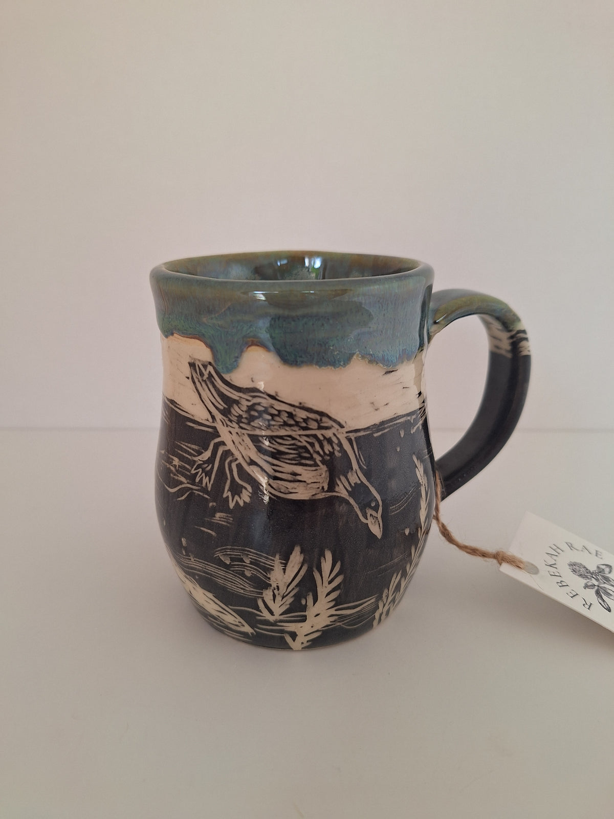 Duck Pond Mug - Hand Carved Botanical Stoneware - Sgraffito